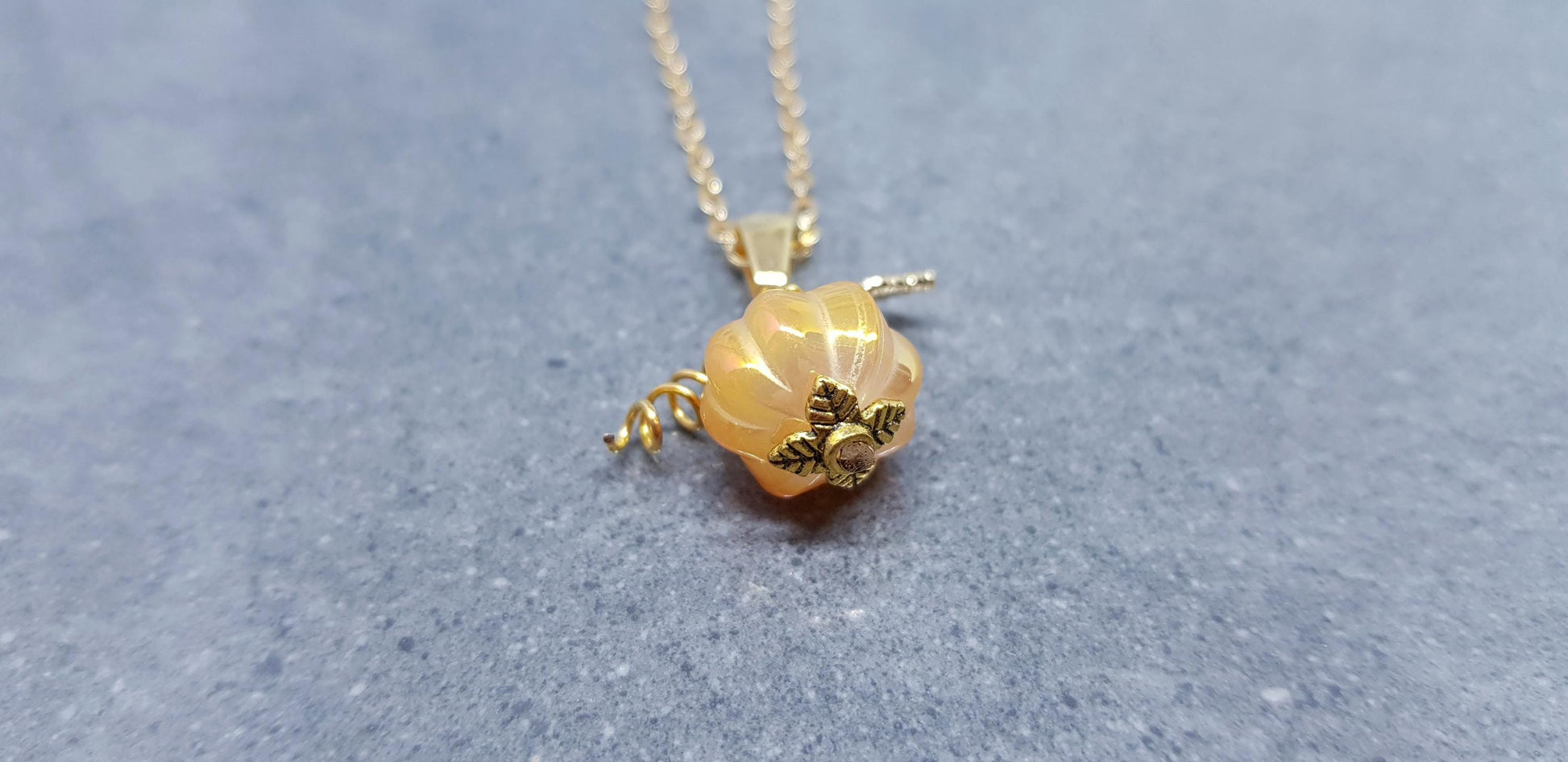 Glass Pumpkin Necklace, Hypoallergenic Ear Wires, 18K gold plated Chain, Glass Jewelry, Autumn Necklace, Fall, Halloween, Thanksgiving