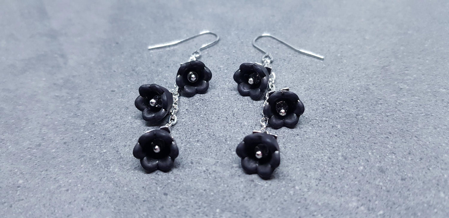 Flower Earrings, Hypoallergenic Ear Wires, Black Earrings, Boho Jewelry, Simple Vintage Earrings