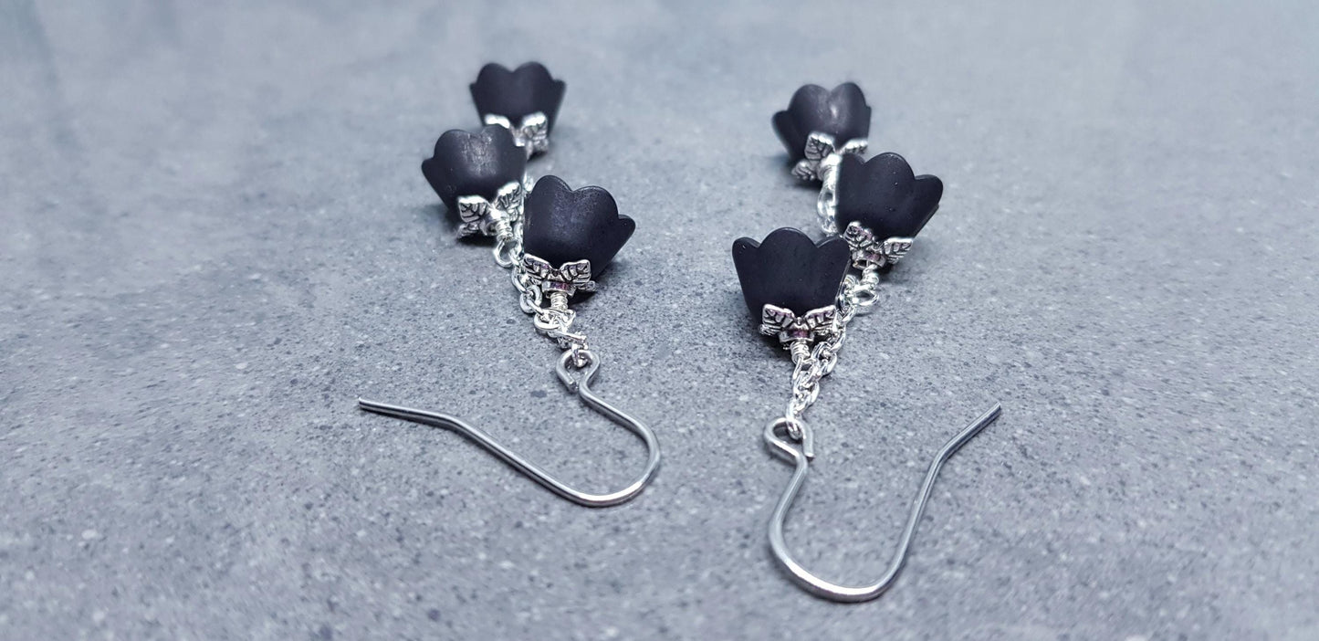 Flower Earrings, Hypoallergenic Ear Wires, Black Earrings, Boho Jewelry, Simple Vintage Earrings