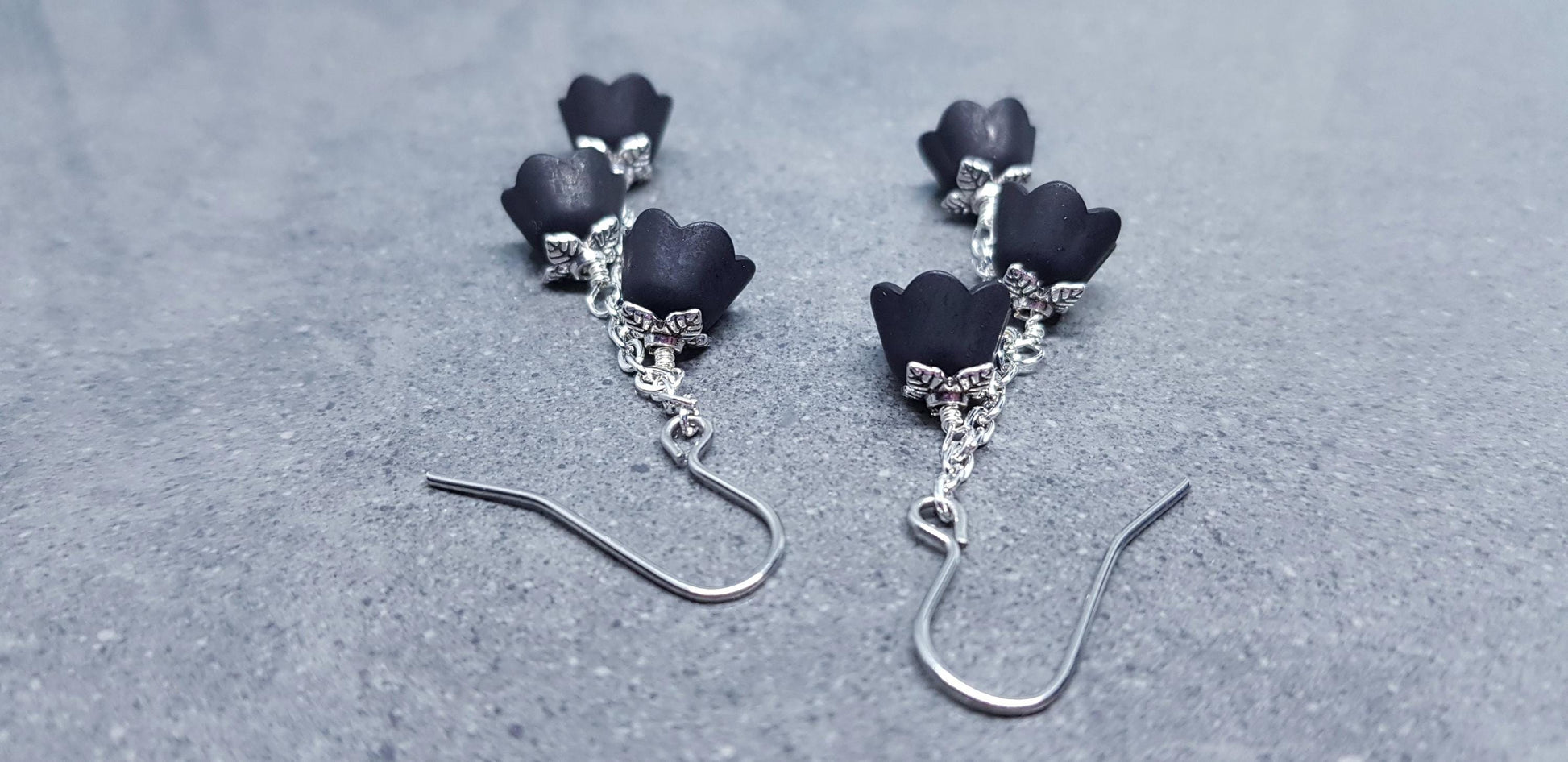 Flower Earrings, Hypoallergenic Ear Wires, Black Earrings, Boho Jewelry, Simple Vintage Earrings