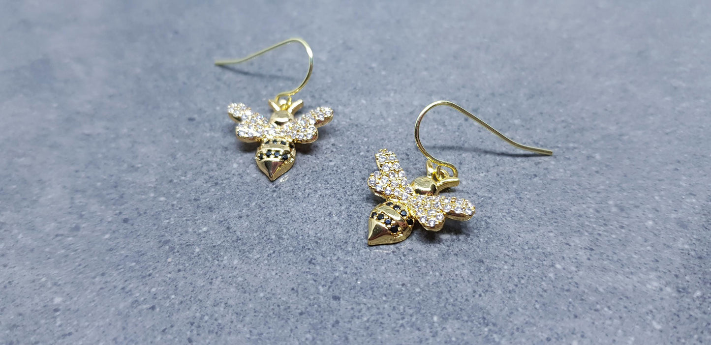 Bee Earrings, Hypoallergenic Ear Wires, Bumble Bee Earrings, Gold Earrings, Bee Lovers Earrings, Cubic Zirconia Earrings