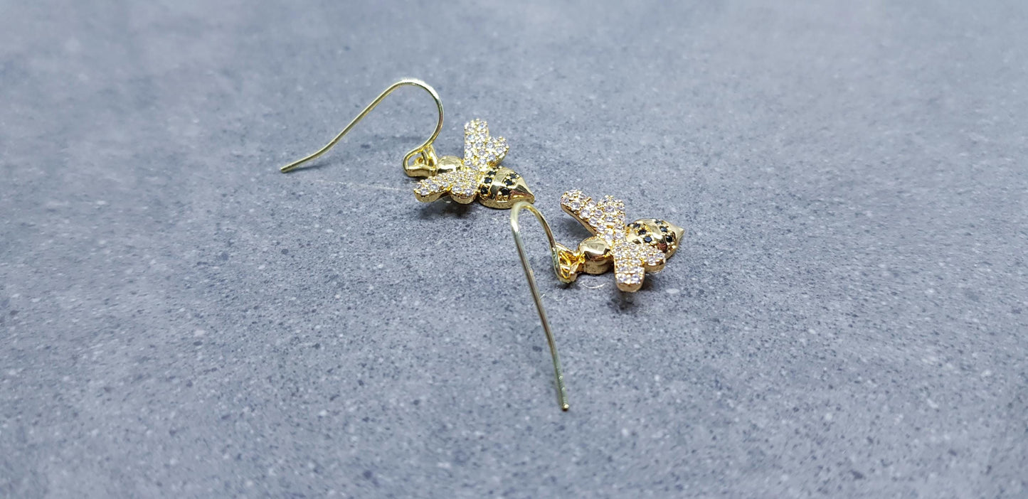 Bee Earrings, Hypoallergenic Ear Wires, Bumble Bee Earrings, Gold Earrings, Bee Lovers Earrings, Cubic Zirconia Earrings