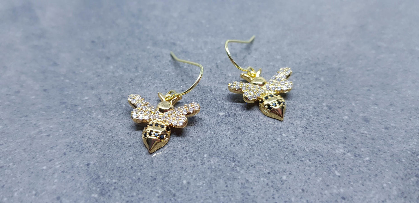 Bee Earrings, Hypoallergenic Ear Wires, Bumble Bee Earrings, Gold Earrings, Bee Lovers Earrings, Cubic Zirconia Earrings