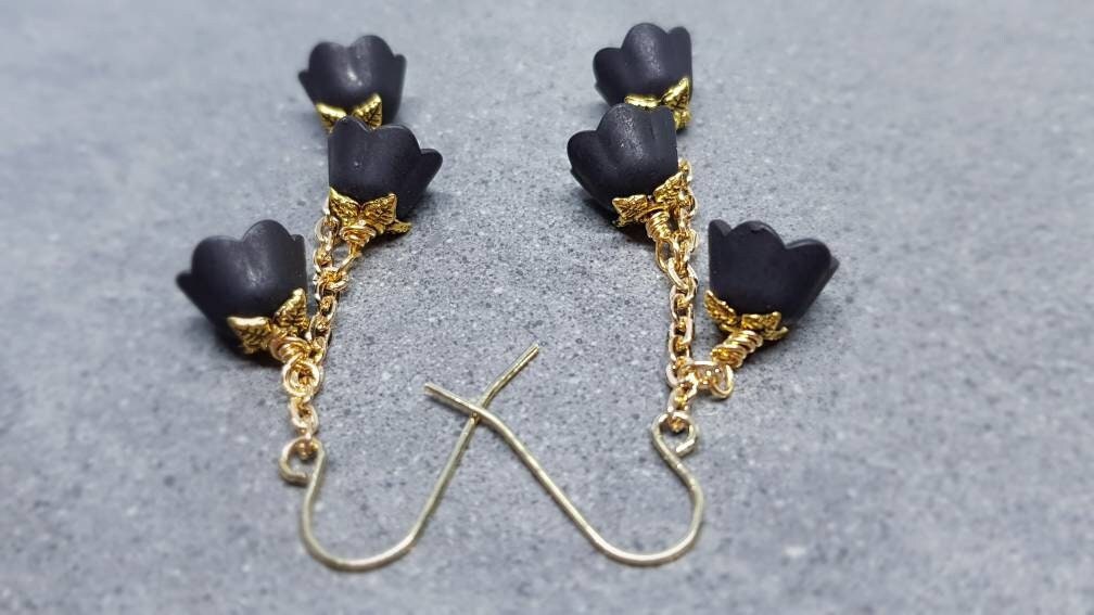 Flower Earrings, Hypoallergenic Ear Wires, Black Earrings, Boho Jewelry, Simple Vintage Earrings