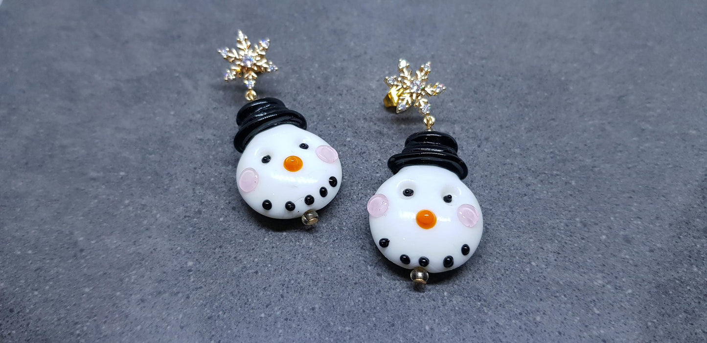 Glass Snowmen Earrings, Snowflake Earrings, Cubic Zirconia Nickel Free Studs, Christmas Earrings, Christmas Jewellery, Festive Earrings