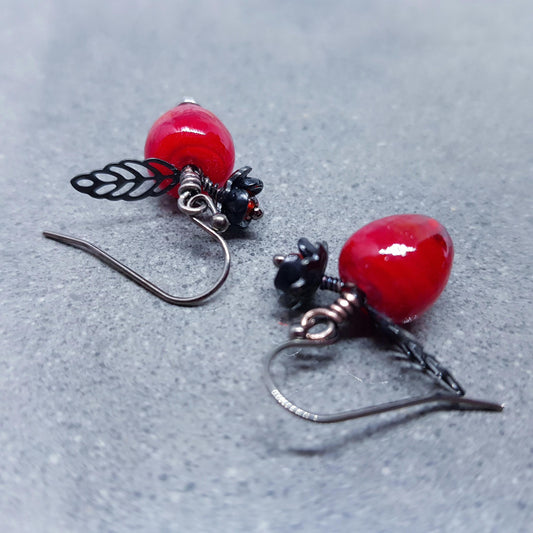 Glass Apple Earrings, Hypoallergenic Ear Wires, Fruit Earrings, Glass Jewelry, Halloween Earrings, Red Apple Earrings, Black Flower Earrings