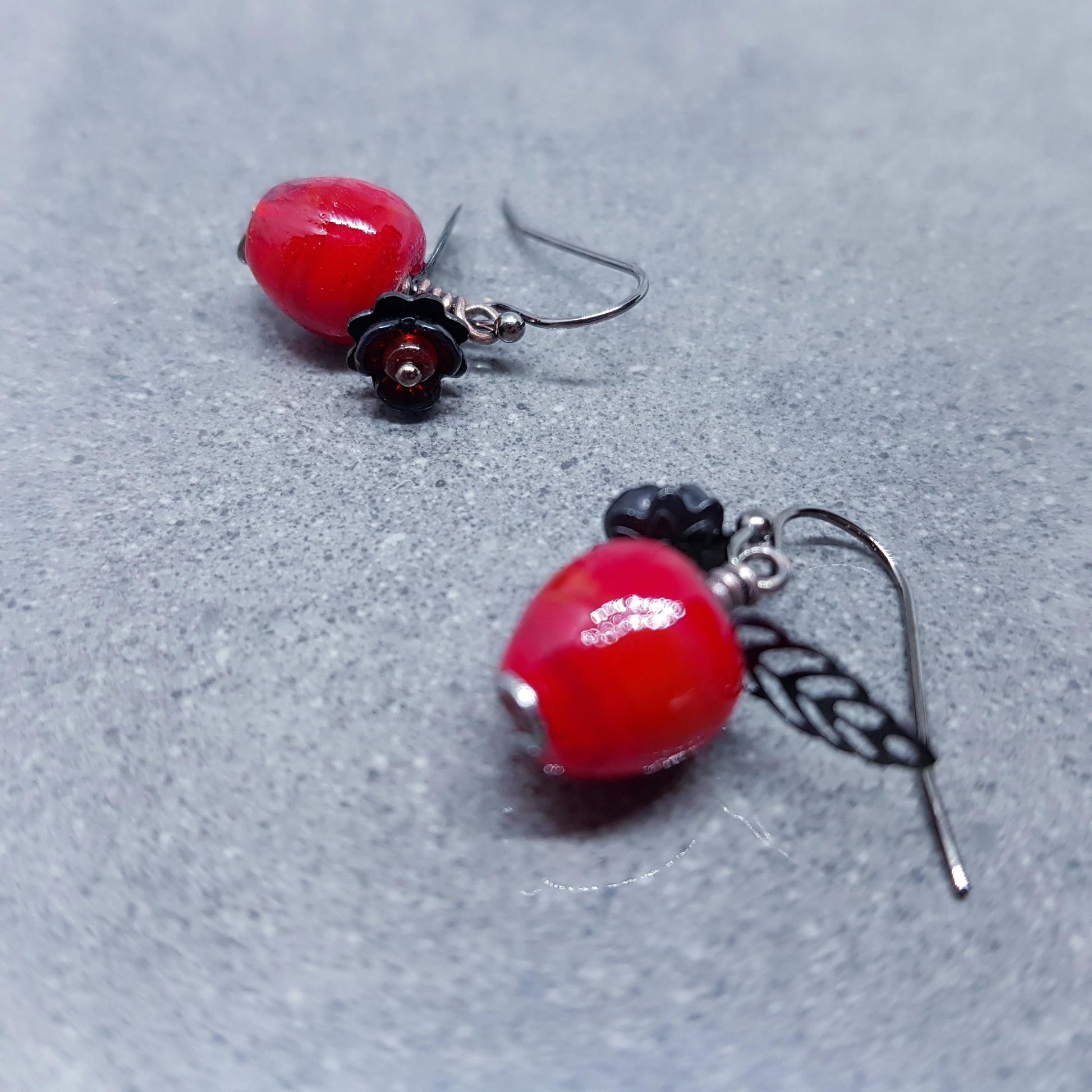 Glass Apple Earrings, Hypoallergenic Ear Wires, Fruit Earrings, Glass Jewelry, Halloween Earrings, Red Apple Earrings, Black Flower Earrings