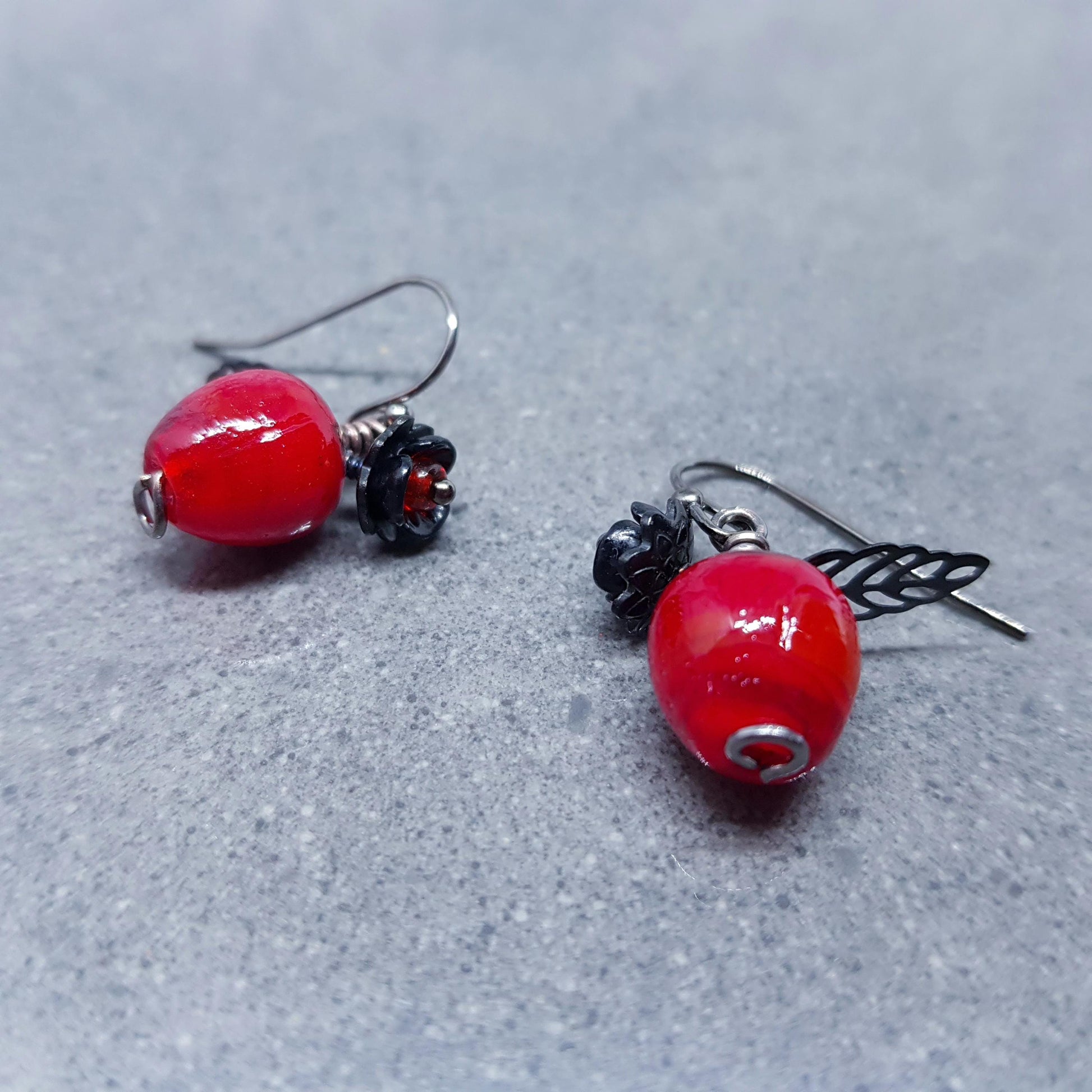 Glass Apple Earrings, Hypoallergenic Ear Wires, Fruit Earrings, Glass Jewelry, Halloween Earrings, Red Apple Earrings, Black Flower Earrings