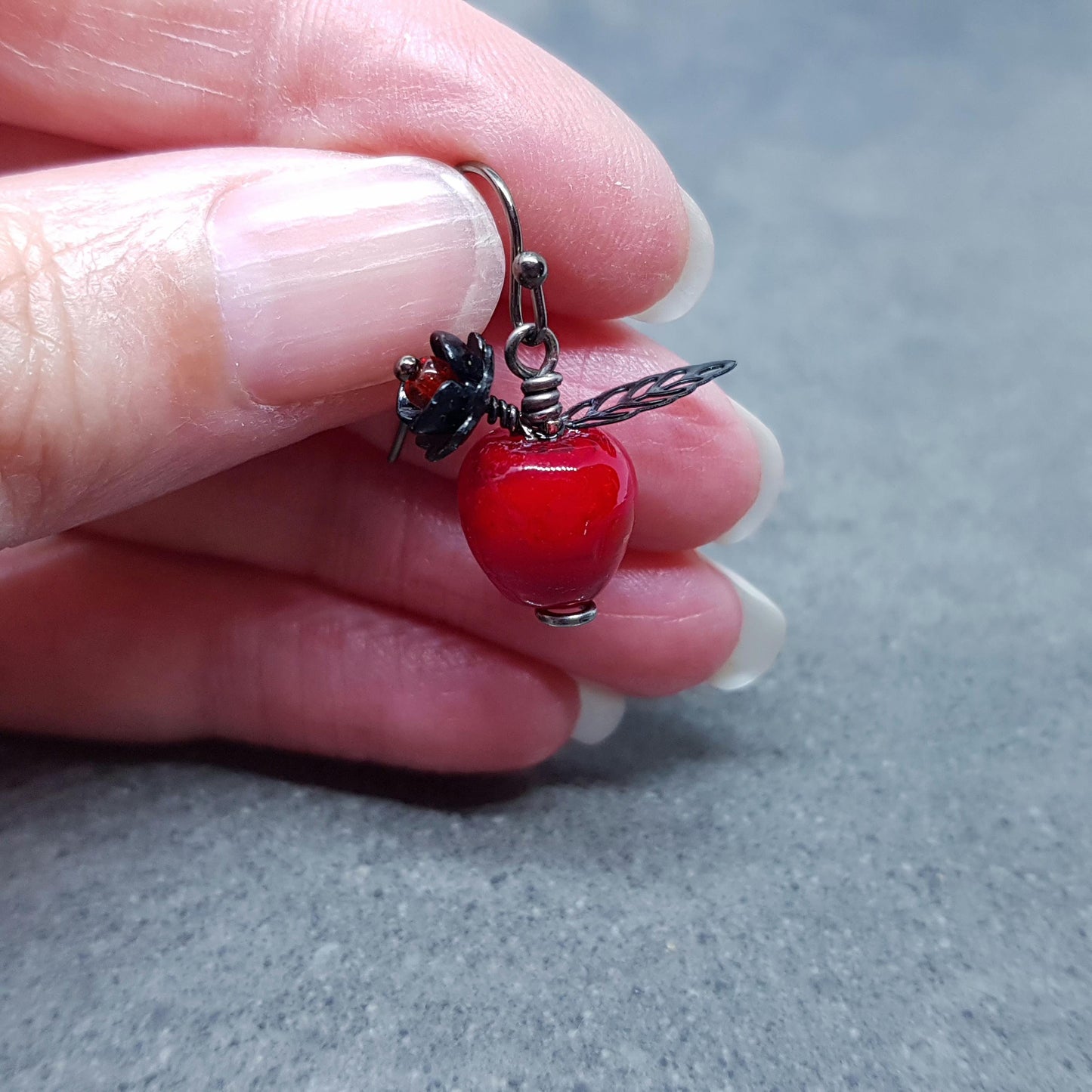 Glass Apple Earrings, Hypoallergenic Ear Wires, Fruit Earrings, Glass Jewelry, Halloween Earrings, Red Apple Earrings, Black Flower Earrings