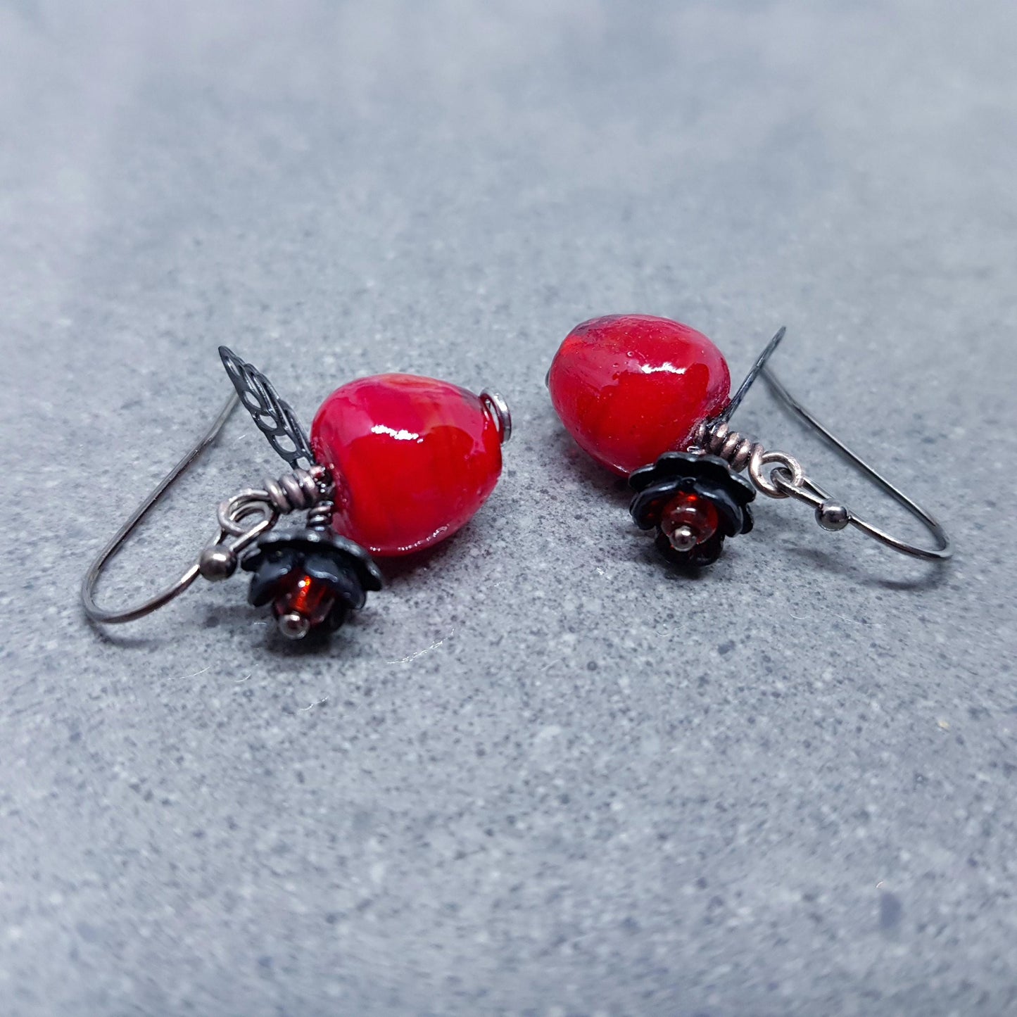 Glass Apple Earrings, Hypoallergenic Ear Wires, Fruit Earrings, Glass Jewelry, Halloween Earrings, Red Apple Earrings, Black Flower Earrings