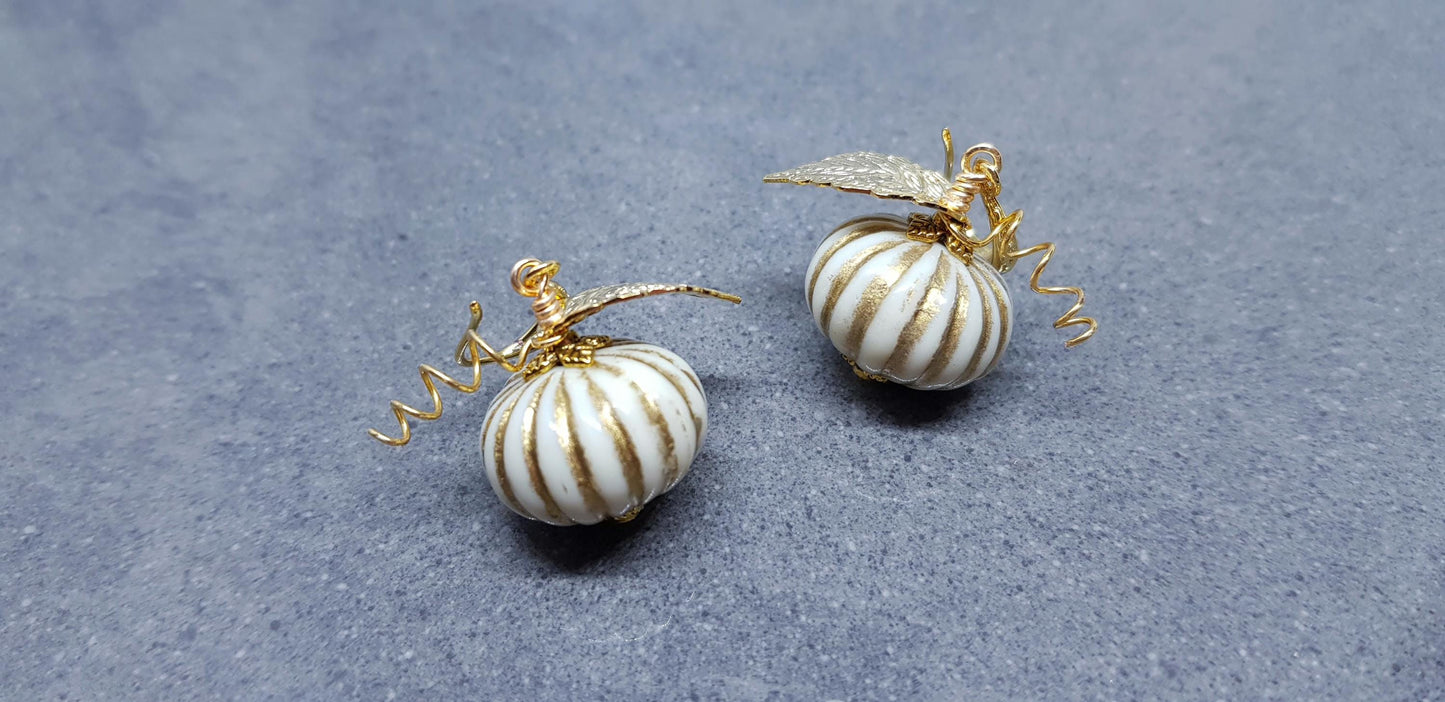 White Pumpkin Earrings, Hypoallergenic Ear Wires, Gold Earrings, Pumpkin Jewelry, Autumn Earrings, Fall Halloween, Thanksgiving