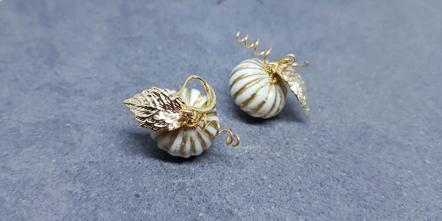 White Pumpkin Earrings, Hypoallergenic Ear Wires, Gold Earrings, Pumpkin Jewelry, Autumn Earrings, Fall Halloween, Thanksgiving