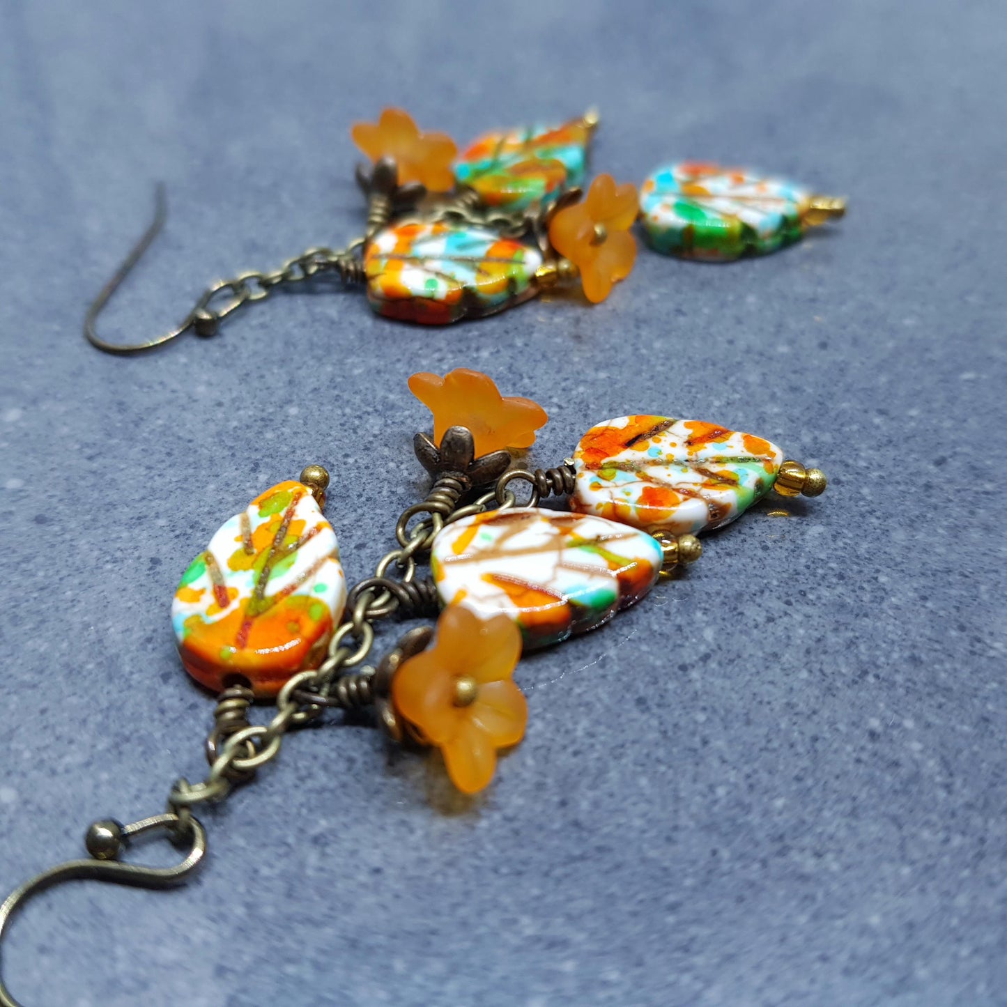 Glass Leaf Earrings, Hypoallergenic Ear Wires, Fall Earrings, Burnt Orange, Autumn Leaves, Autumnal, Boho Jewelry