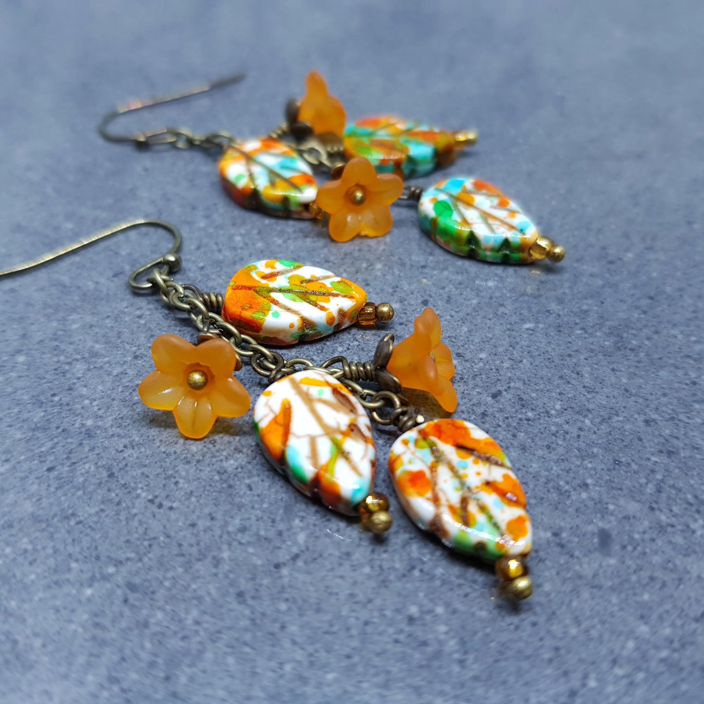 Glass Leaf Earrings, Hypoallergenic Ear Wires, Fall Earrings, Burnt Orange, Autumn Leaves, Autumnal, Boho Jewelry