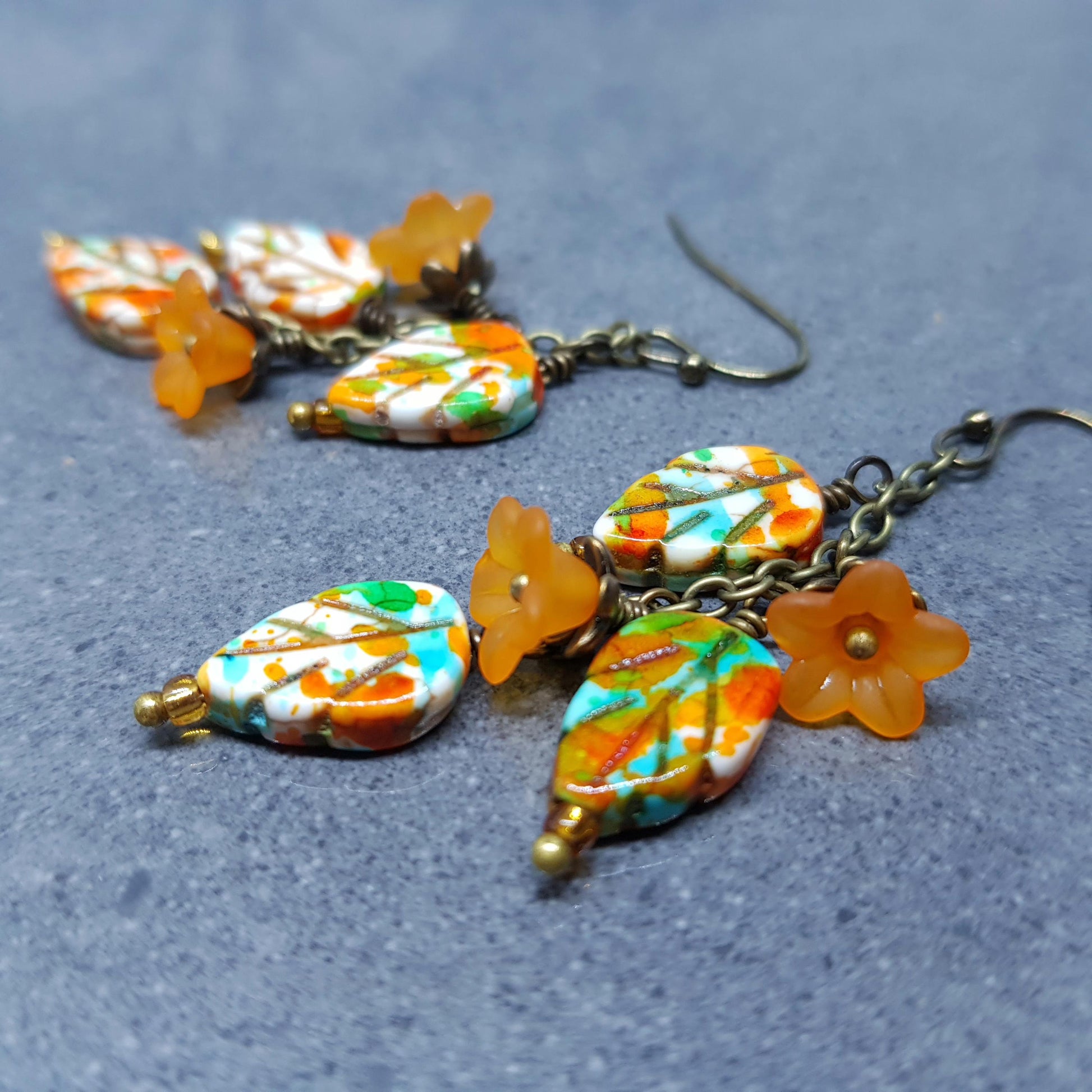 Glass Leaf Earrings, Hypoallergenic Ear Wires, Fall Earrings, Burnt Orange, Autumn Leaves, Autumnal, Boho Jewelry