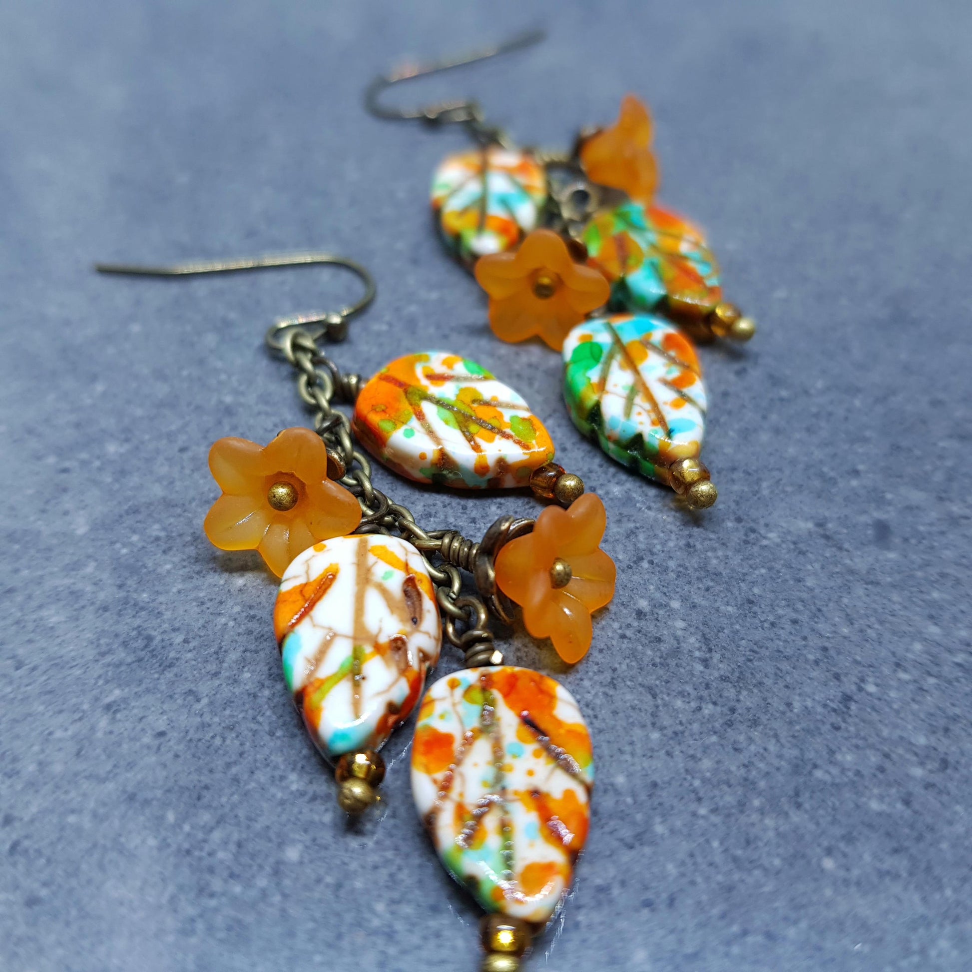 Glass Leaf Earrings, Hypoallergenic Ear Wires, Fall Earrings, Burnt Orange, Autumn Leaves, Autumnal, Boho Jewelry