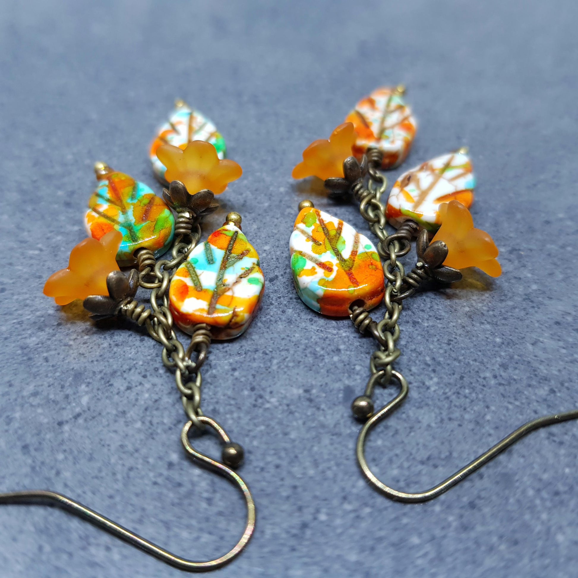 Glass Leaf Earrings, Hypoallergenic Ear Wires, Fall Earrings, Burnt Orange, Autumn Leaves, Autumnal, Boho Jewelry