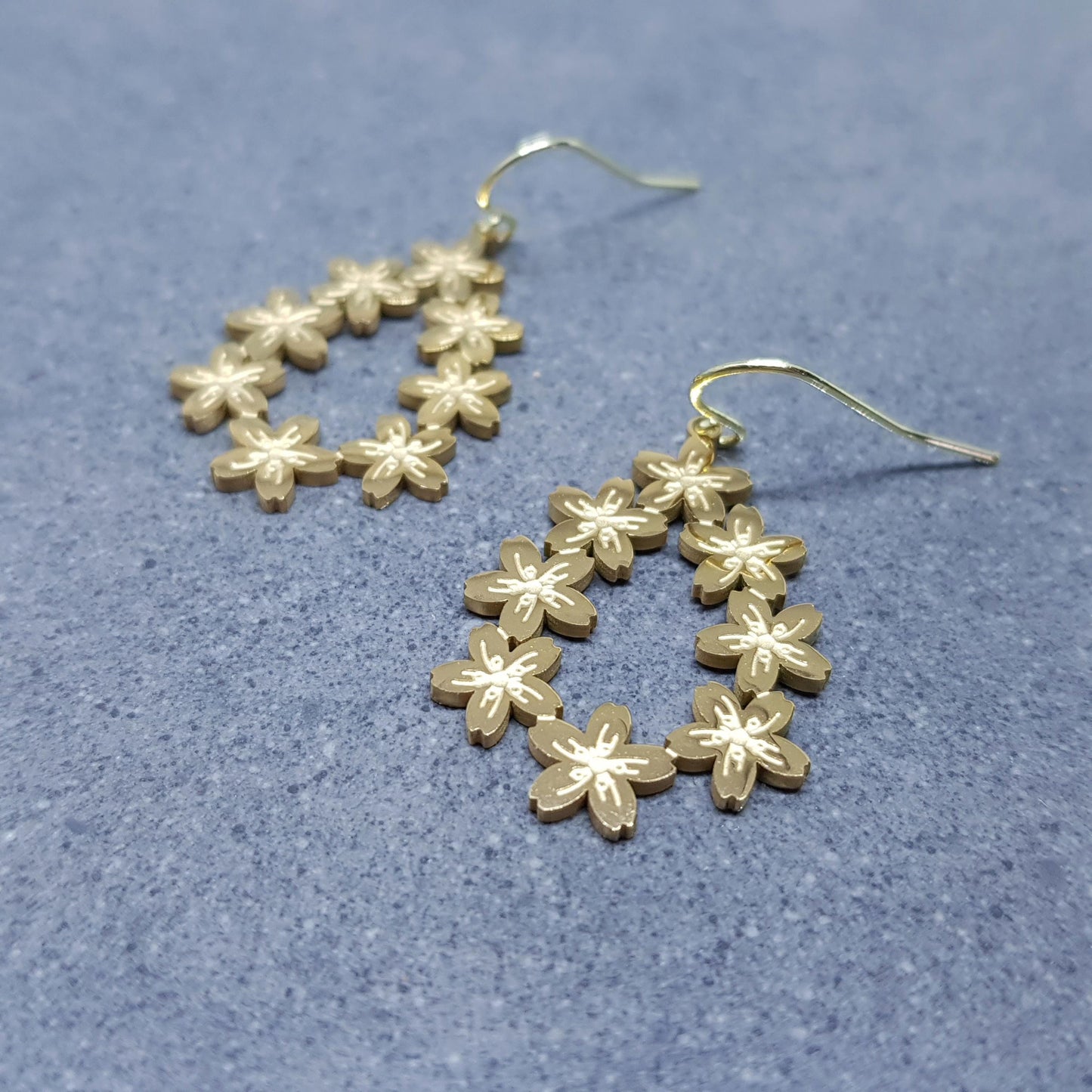 Cherry Blossom Flower Teardrop Earrings, Hypoallergenic Ear Wires, Flower Jewellery, 18K Gold Plated, Detailed and Pretty