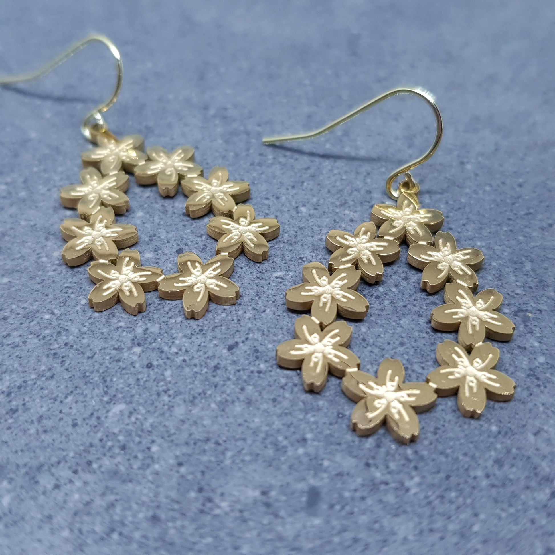 Cherry Blossom Flower Teardrop Earrings, Hypoallergenic Ear Wires, Flower Jewellery, 18K Gold Plated, Detailed and Pretty