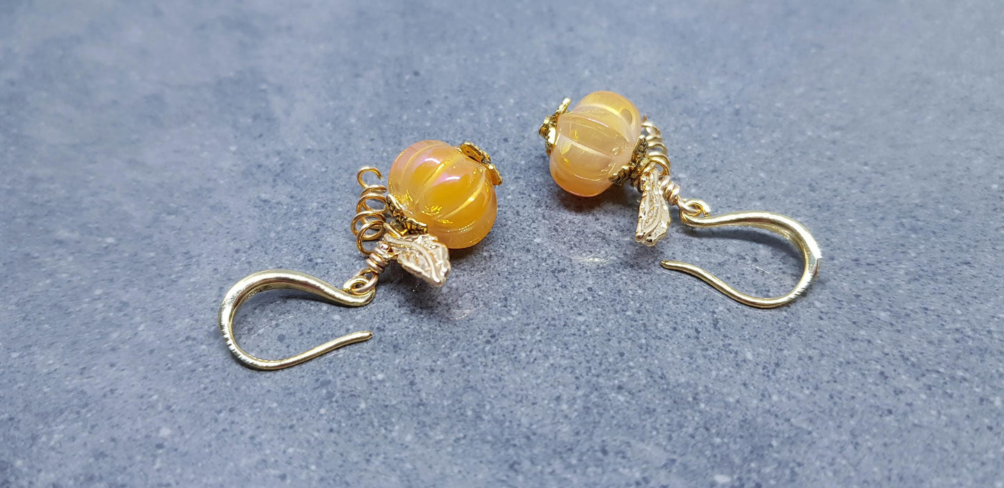 Glass Pumpkin Earrings, Hypoallergenic Ear Wires, Orange Earrings, Glass Jewelry, Autumn Earrings, Fall Halloween, Thanksgiving