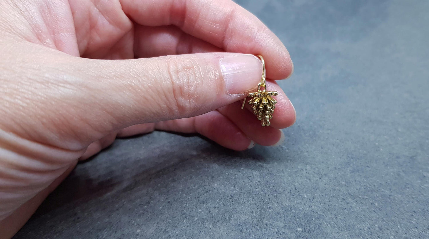 Gold Pinecone Earrings, Hypoallergenic Ear Wires, Autumn Winter Jewelry, Brass Earrings, 18k Real Light Gold Plated
