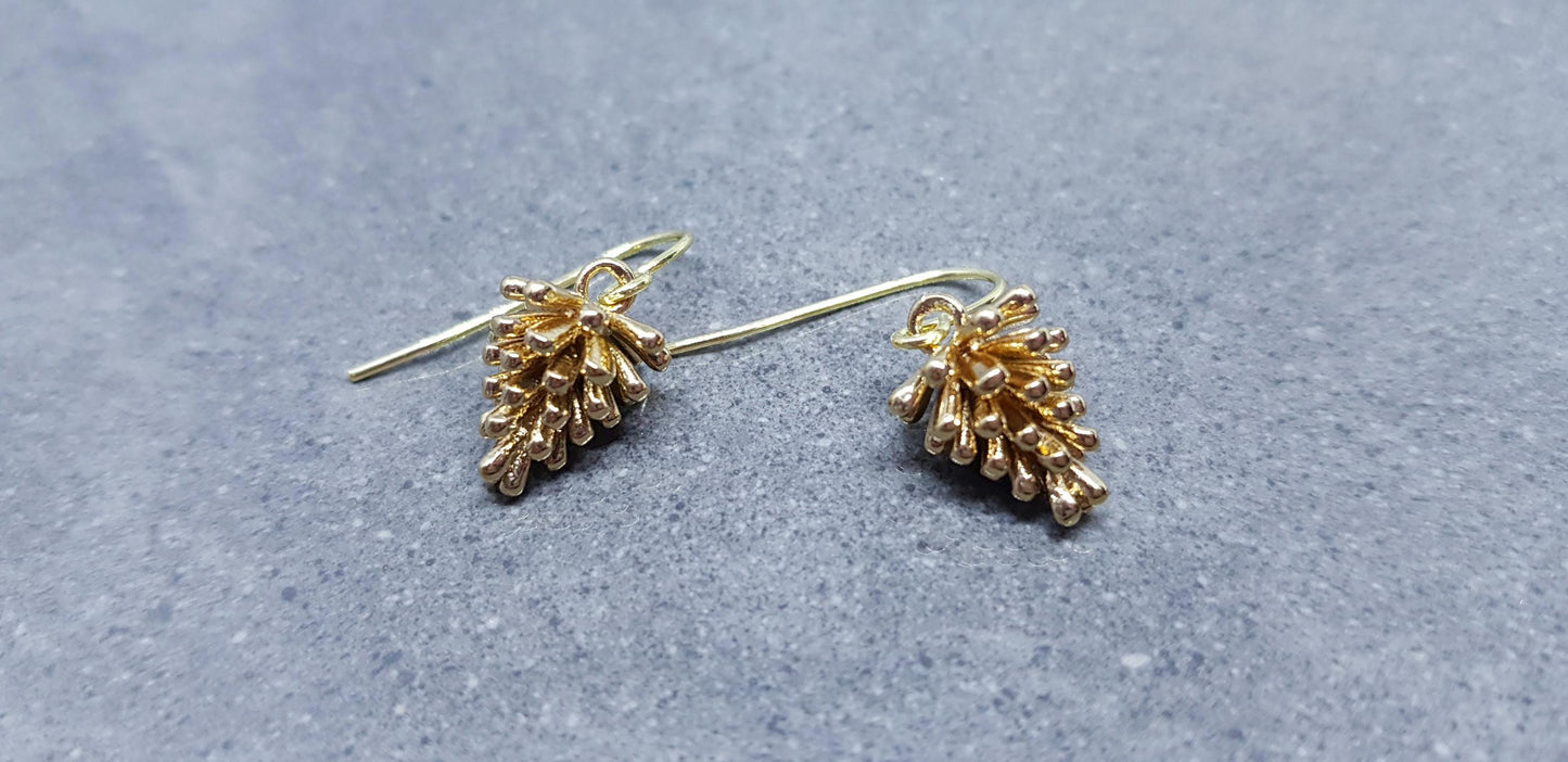Gold Pinecone Earrings, Hypoallergenic Ear Wires, Autumn Winter Jewelry, Brass Earrings, 18k Real Light Gold Plated