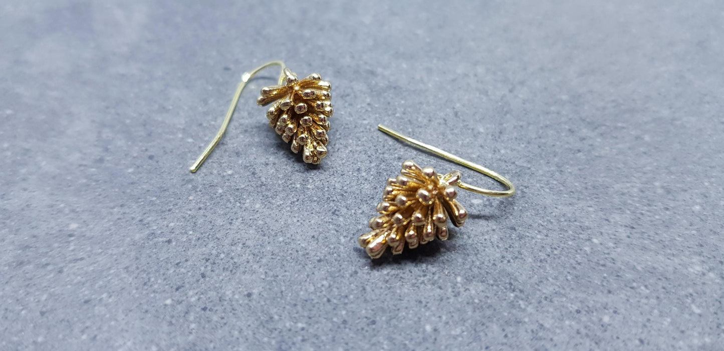 Gold Pinecone Earrings, Hypoallergenic Ear Wires, Autumn Winter Jewelry, Brass Earrings, 18k Real Light Gold Plated