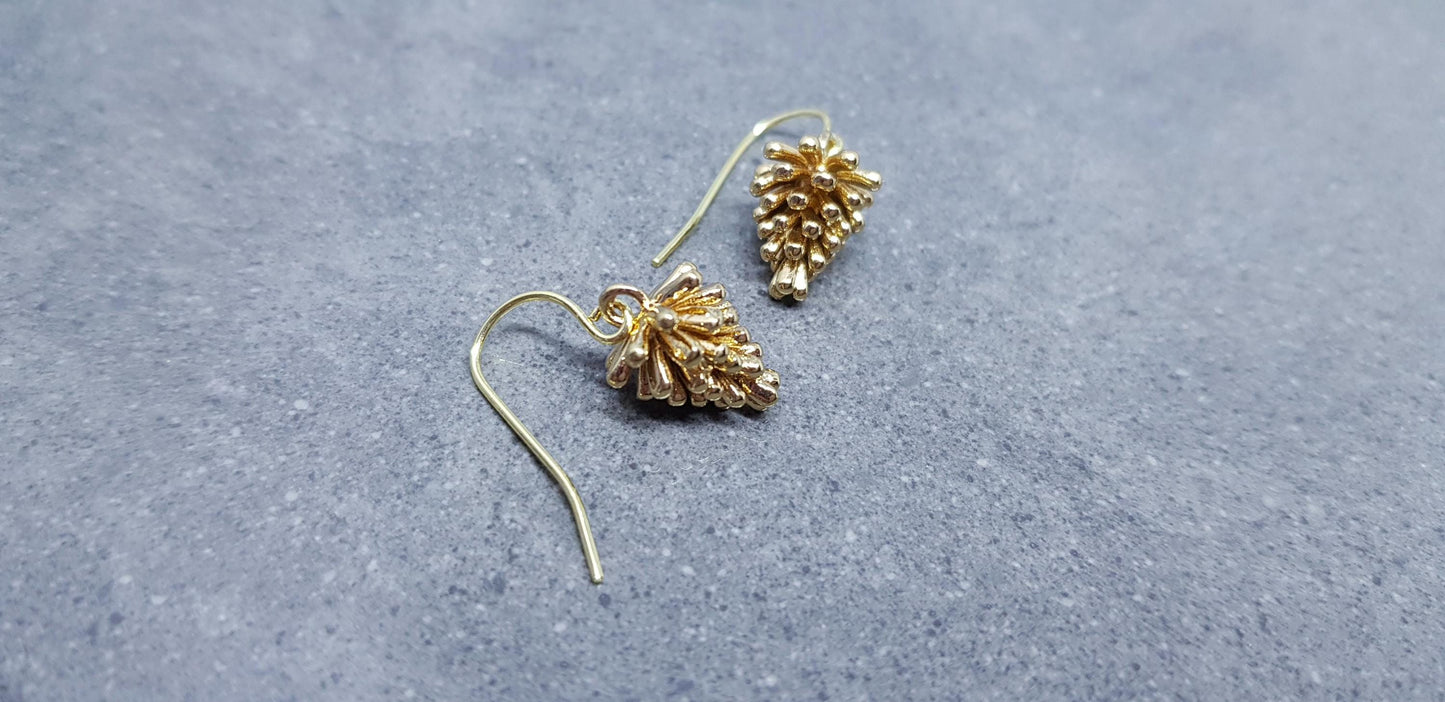 Gold Pinecone Earrings, Hypoallergenic Ear Wires, Autumn Winter Jewelry, Brass Earrings, 18k Real Light Gold Plated