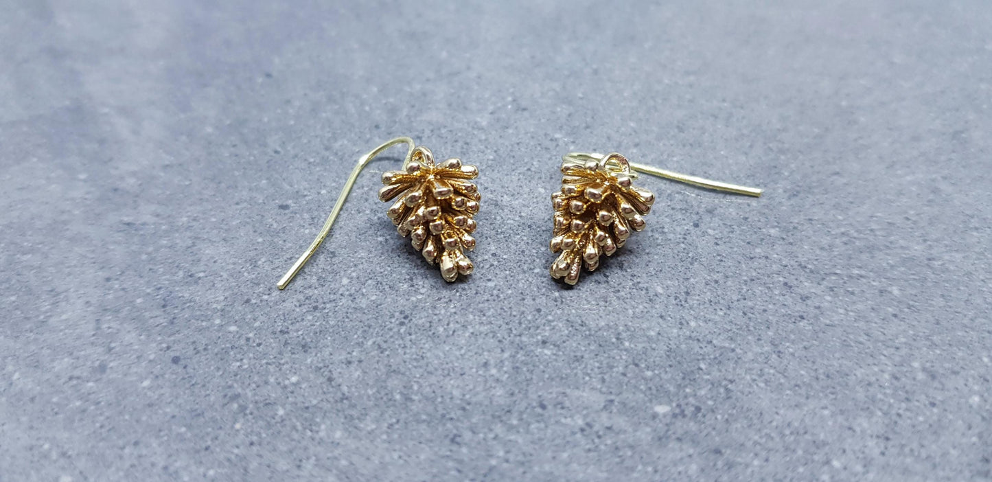 Gold Pinecone Earrings, Hypoallergenic Ear Wires, Autumn Winter Jewelry, Brass Earrings, 18k Real Light Gold Plated