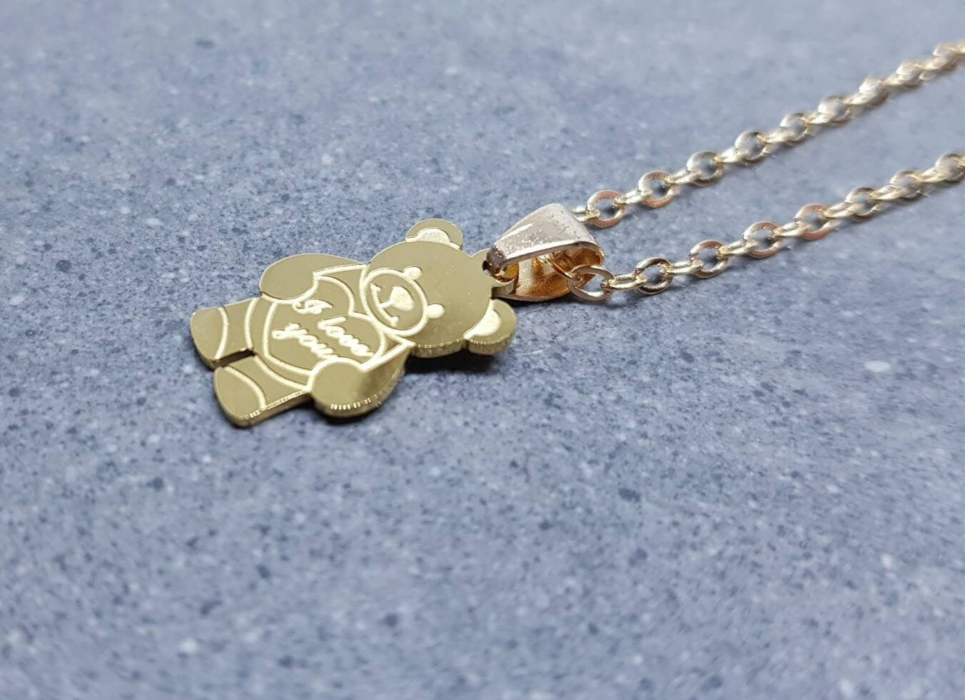 Bear with I Love You, Stainless Steel Necklace, Gold Plated Chain