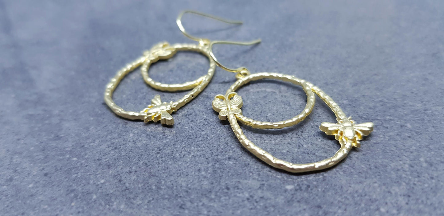 Bee Earrings, Hypoallergenic Ear Wires, Bumble Bee Earrings, Brushed Gold Earrings, Bee Lovers Earrings, Butterfly Earrings