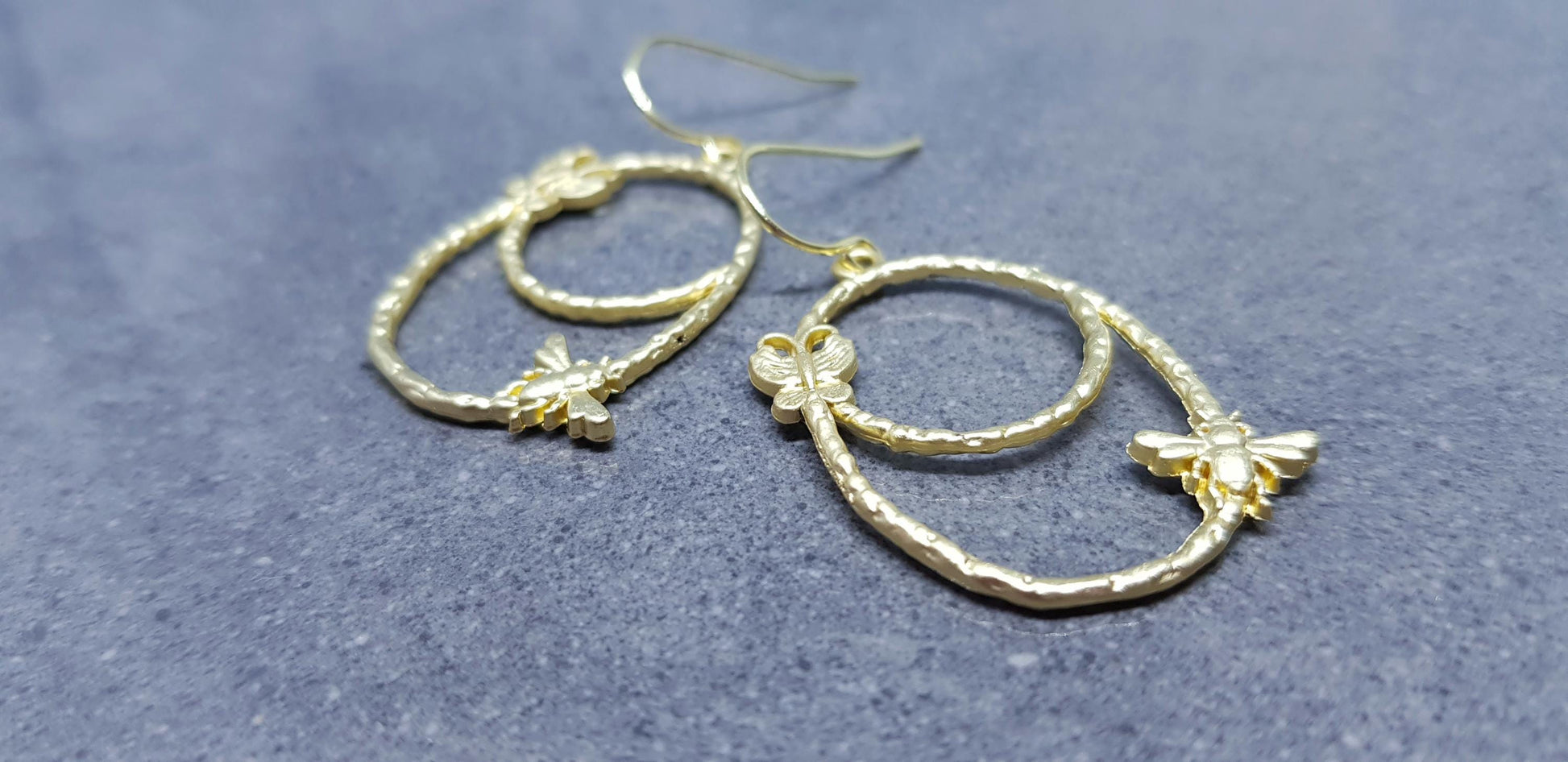 Bee Earrings, Hypoallergenic Ear Wires, Bumble Bee Earrings, Brushed Gold Earrings, Bee Lovers Earrings, Butterfly Earrings