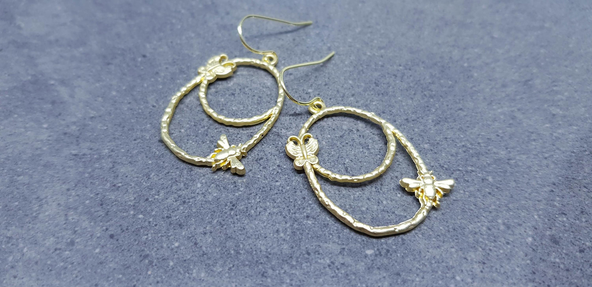 Bee Earrings, Hypoallergenic Ear Wires, Bumble Bee Earrings, Brushed Gold Earrings, Bee Lovers Earrings, Butterfly Earrings