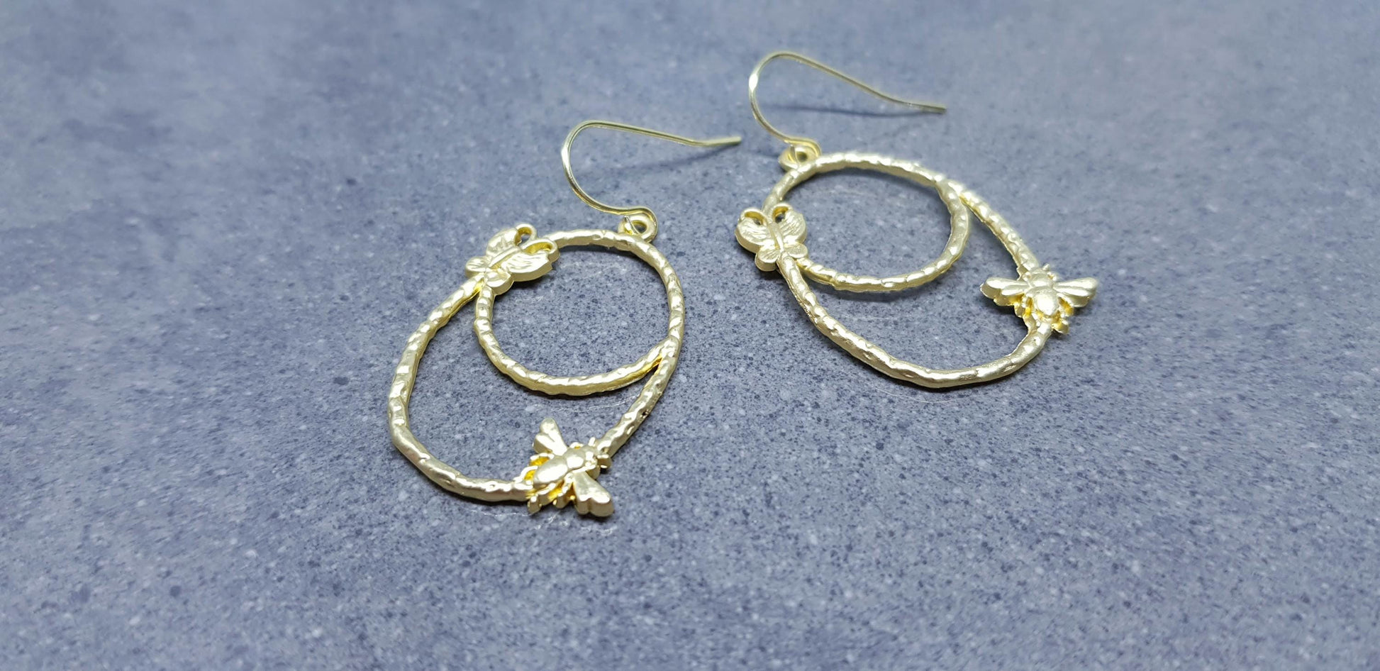 Bee Earrings, Hypoallergenic Ear Wires, Bumble Bee Earrings, Brushed Gold Earrings, Bee Lovers Earrings, Butterfly Earrings