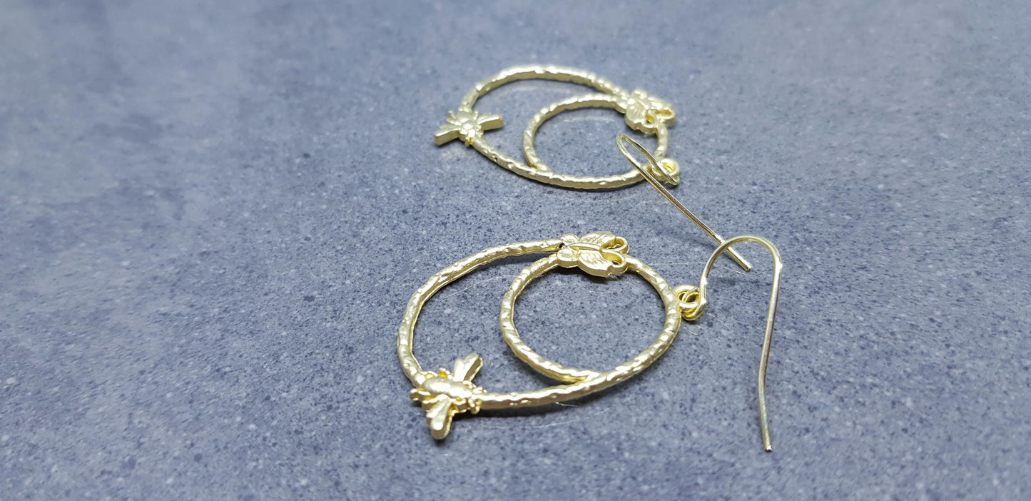 Bee Earrings, Hypoallergenic Ear Wires, Bumble Bee Earrings, Brushed Gold Earrings, Bee Lovers Earrings, Butterfly Earrings
