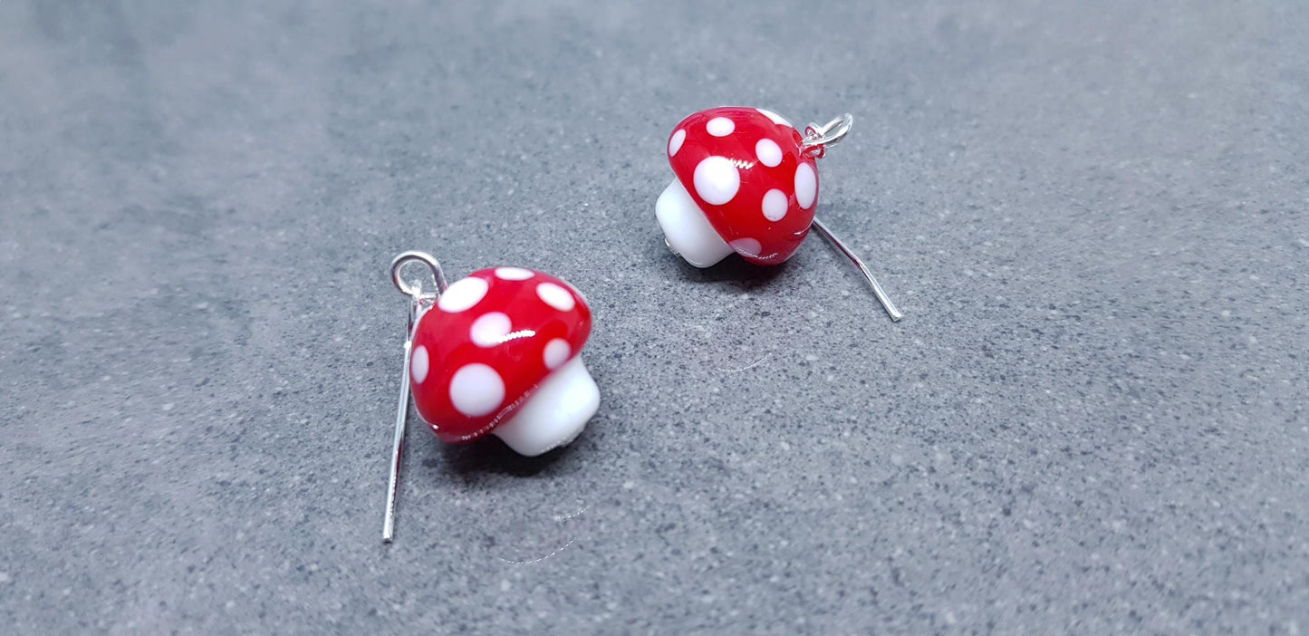 Glass Mushroom Earrings, Hypoallergenic Ear Wires, Toad Stool Earrings, Glass jewellery