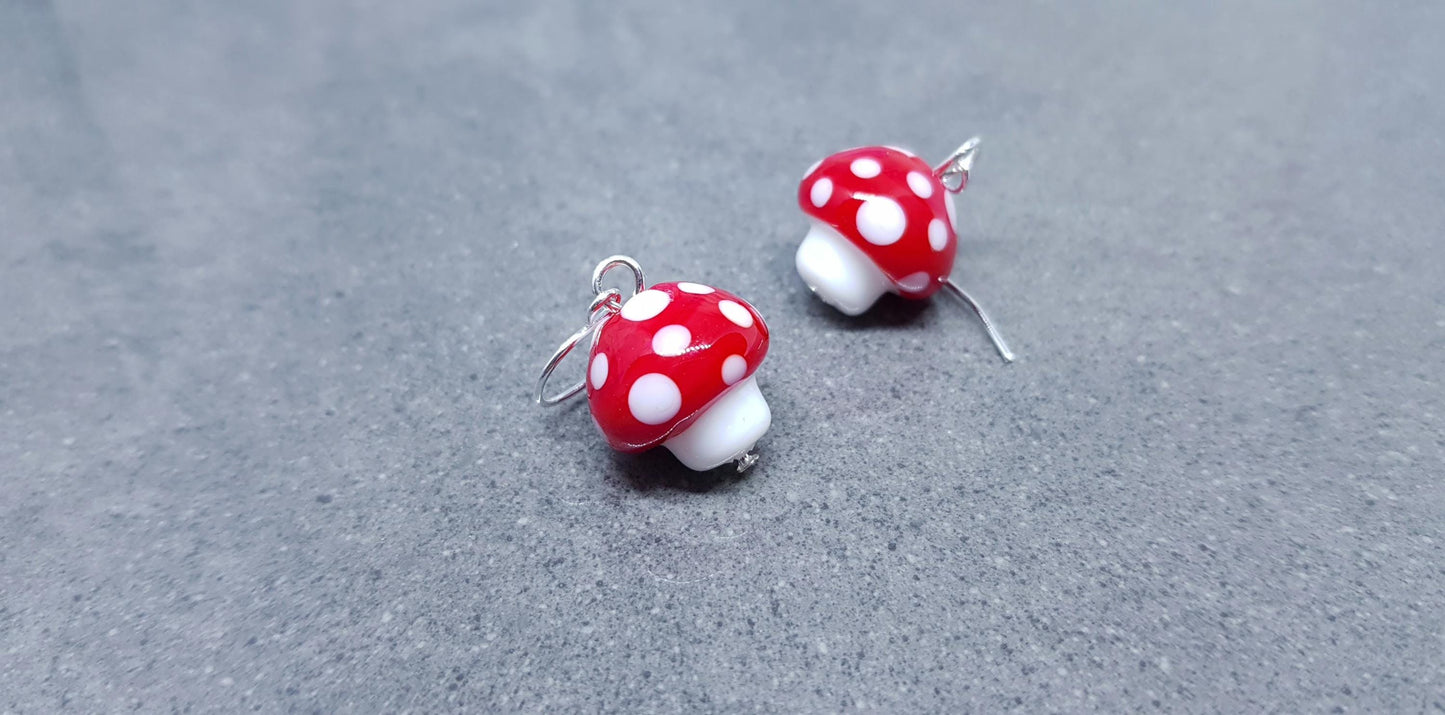 Glass Mushroom Earrings, Hypoallergenic Ear Wires, Toad Stool Earrings, Glass jewellery