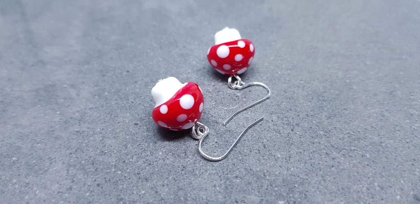 Glass Mushroom Earrings, Hypoallergenic Ear Wires, Toad Stool Earrings, Glass jewellery