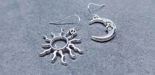 Sun and Moon Earrings, Hypoallergenic Ear Wires, Sterling Silver Ear Wires, Celestial Earrings, Crescent Moon Earrings, Sun Earrings