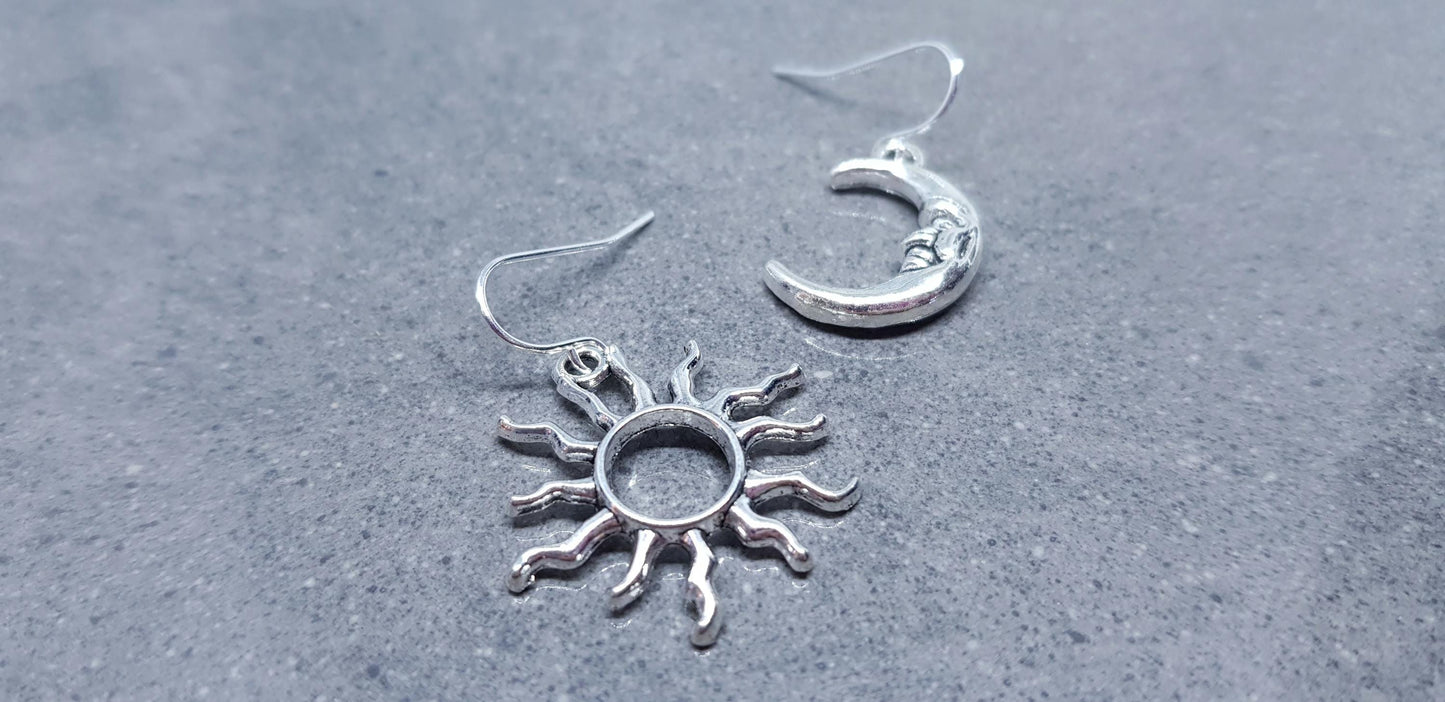 Sun and Moon Earrings, Hypoallergenic Ear Wires, Sterling Silver Ear Wires, Celestial Earrings, Crescent Moon Earrings, Sun Earrings