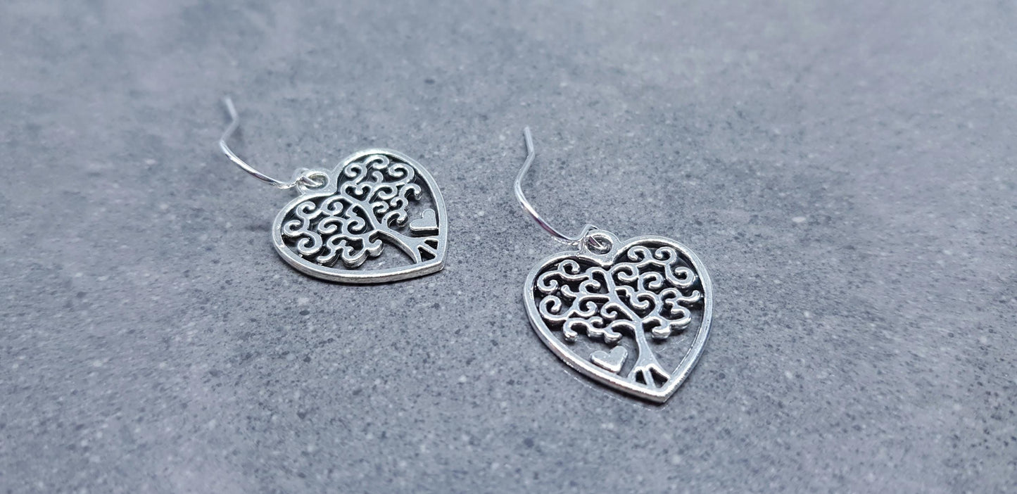 Heart Tree of Life Earrings, Hypoallergenic Ear Wires, 925 Sterling Silver Hooks, Silver Plated Hooks