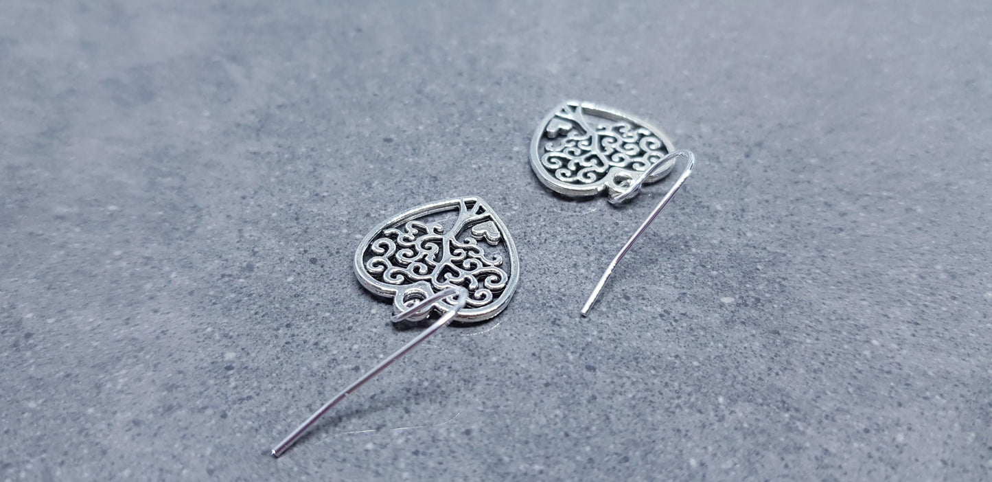 Heart Tree of Life Earrings, Hypoallergenic Ear Wires, 925 Sterling Silver Hooks, Silver Plated Hooks