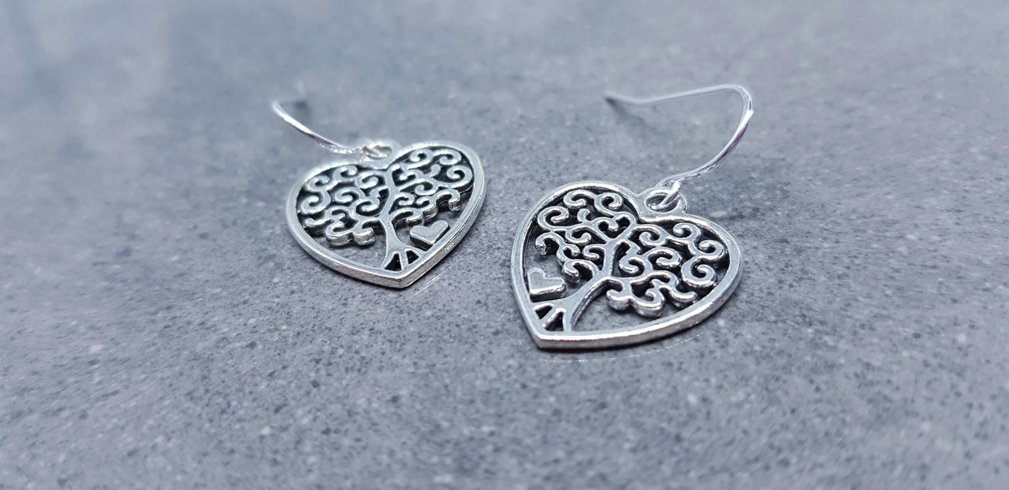 Heart Tree of Life Earrings, Hypoallergenic Ear Wires, 925 Sterling Silver Hooks, Silver Plated Hooks