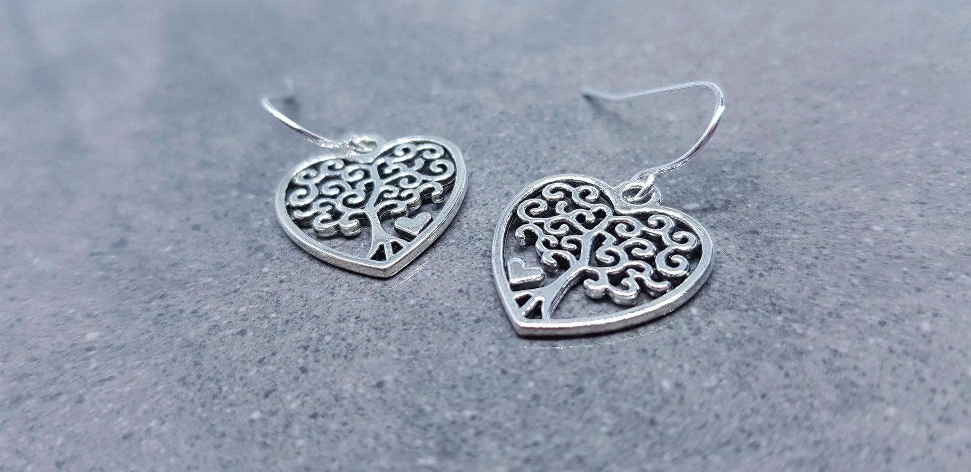 Heart Tree of Life Earrings, Hypoallergenic Ear Wires, 925 Sterling Silver Hooks, Silver Plated Hooks