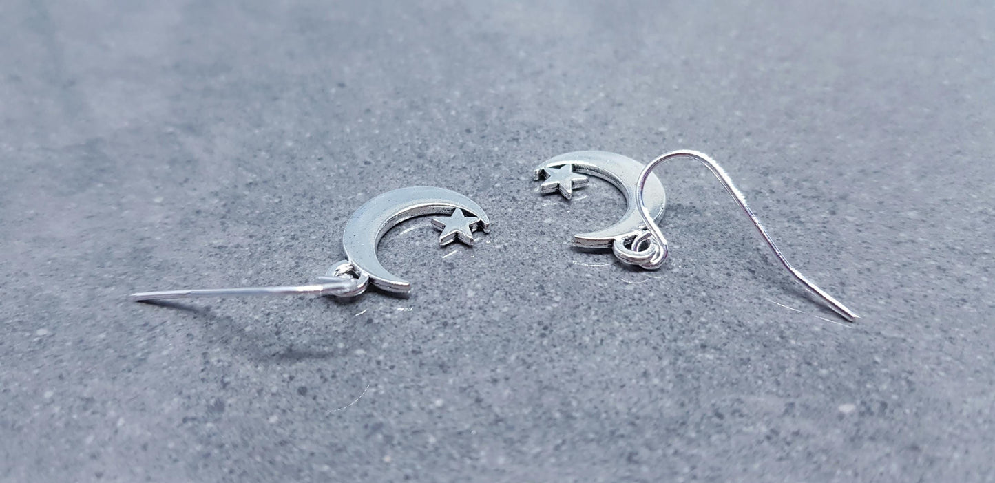 Crescent Moon and Star Earrings, Hypoallergenic Ear Wires, Star Earrings, Crescent Moon Earrings