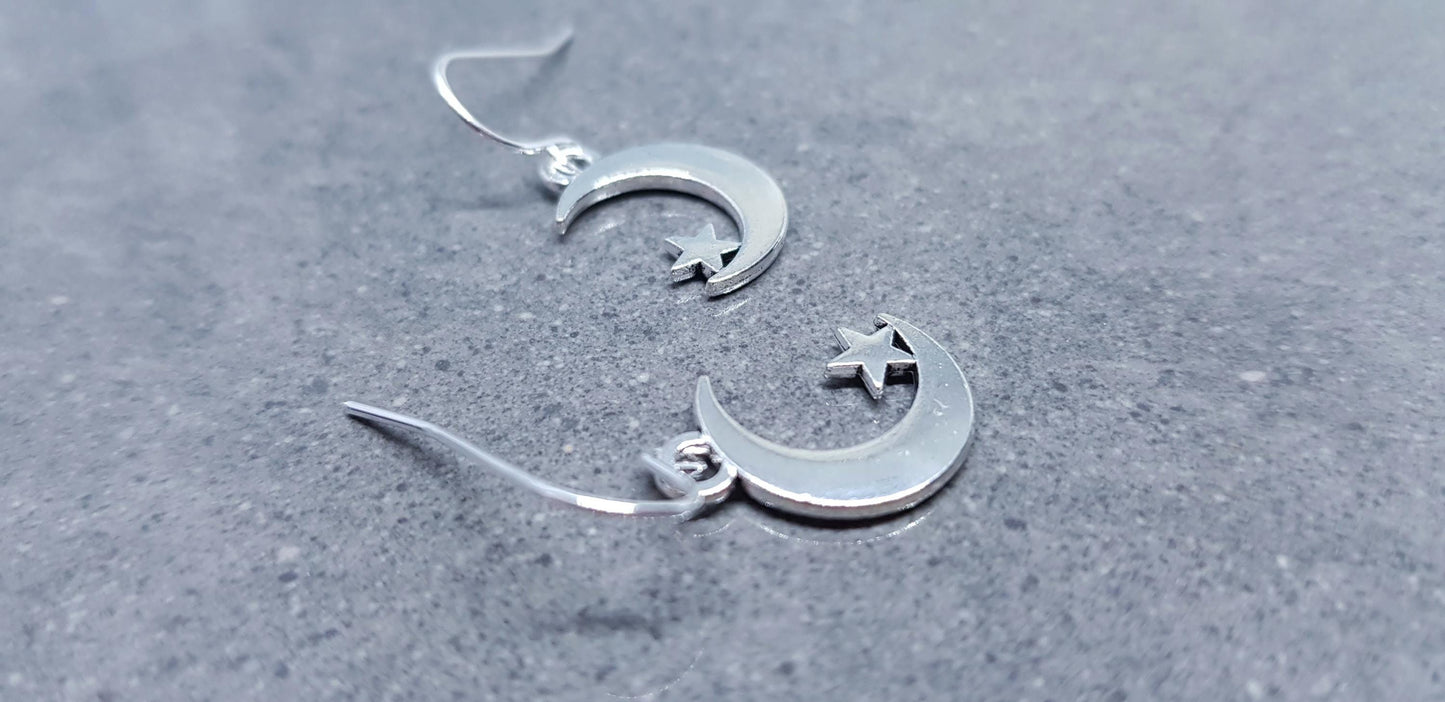 Crescent Moon and Star Earrings, Hypoallergenic Ear Wires, Star Earrings, Crescent Moon Earrings