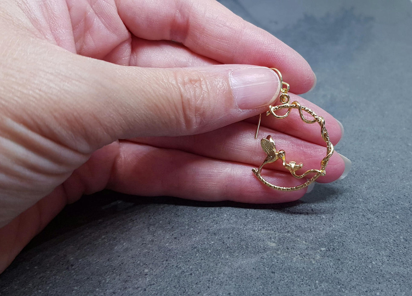 Gold Hoop Earrings, Hypoallergenic Ear Wires, Bird Earrings, Flower Earrings, Branch Hoop Jewelry, Detailed and Pretty