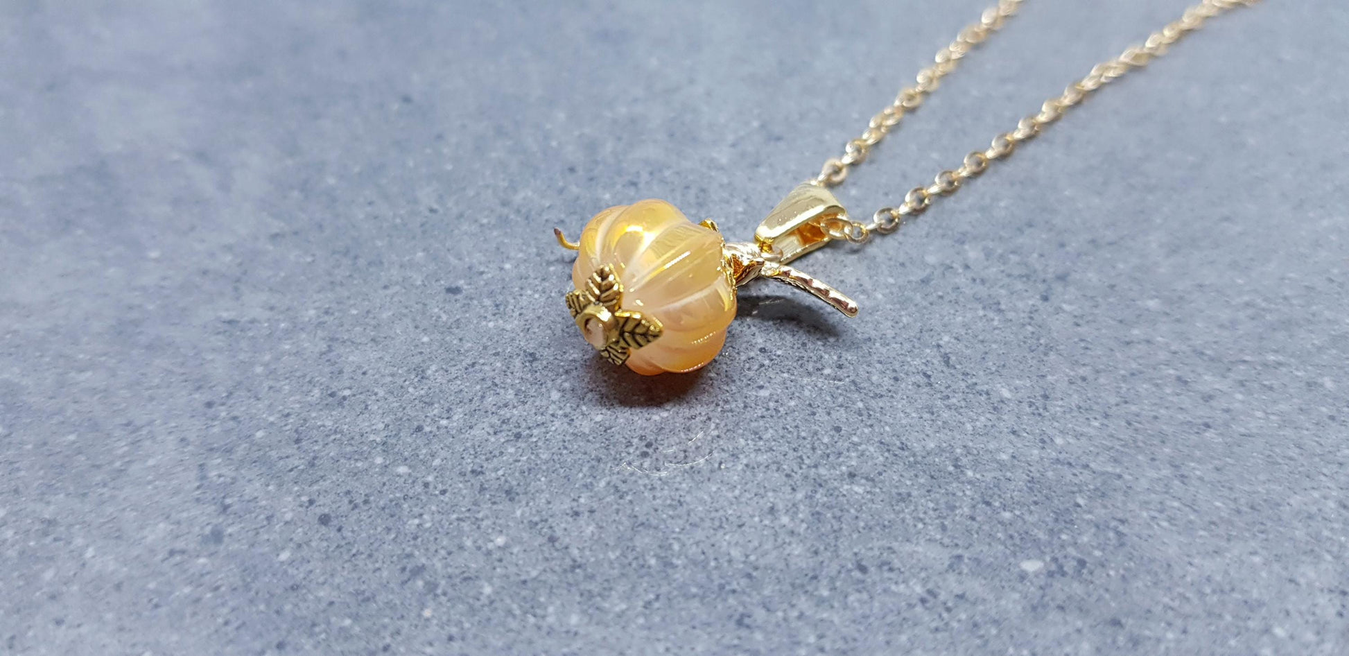 Glass Pumpkin Necklace, Hypoallergenic Ear Wires, 18K gold plated Chain, Glass Jewelry, Autumn Necklace, Fall, Halloween, Thanksgiving