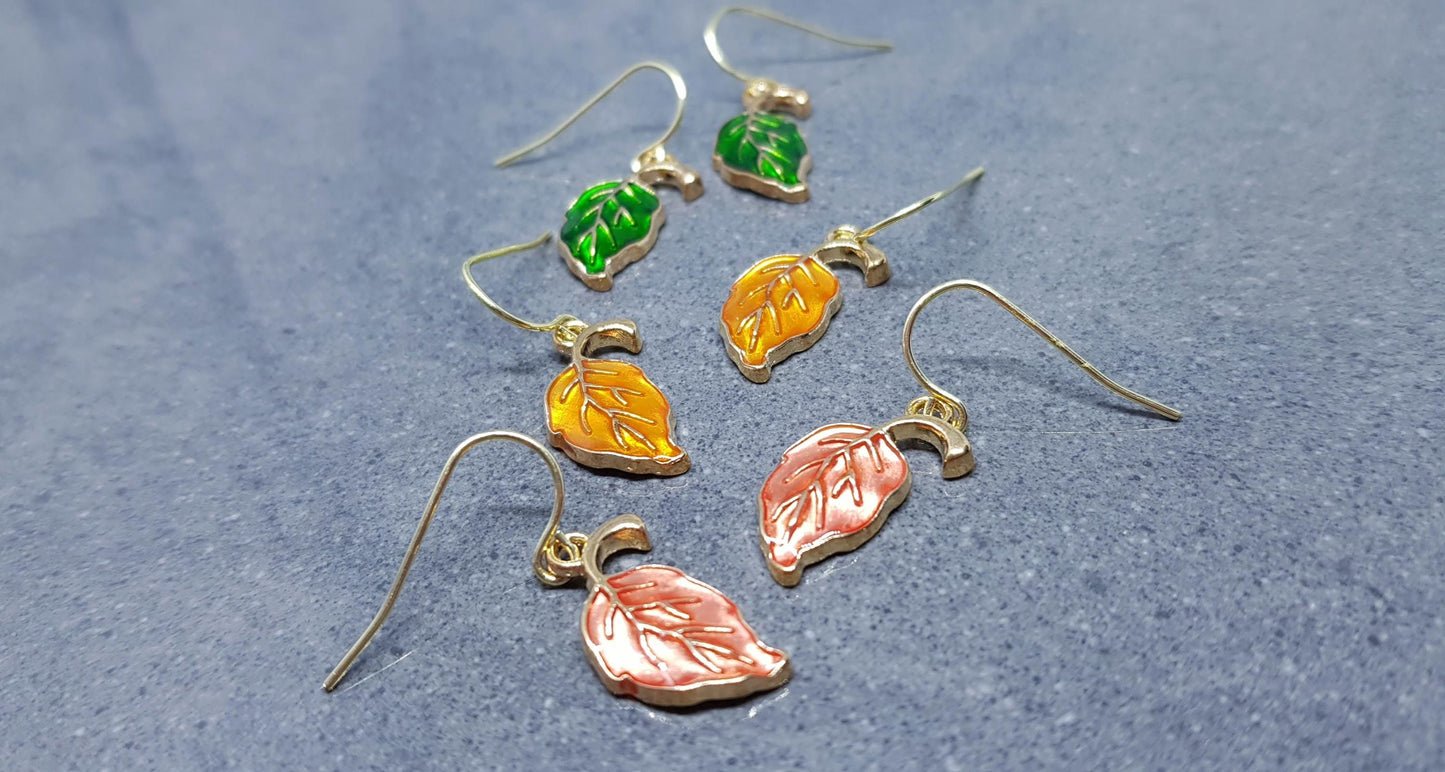 Leaf Earrings, Choice of Ear Wires, Autumn Leaves, Choice of Colours, Coral, Green, Golden, Gold Plated Jewellery
