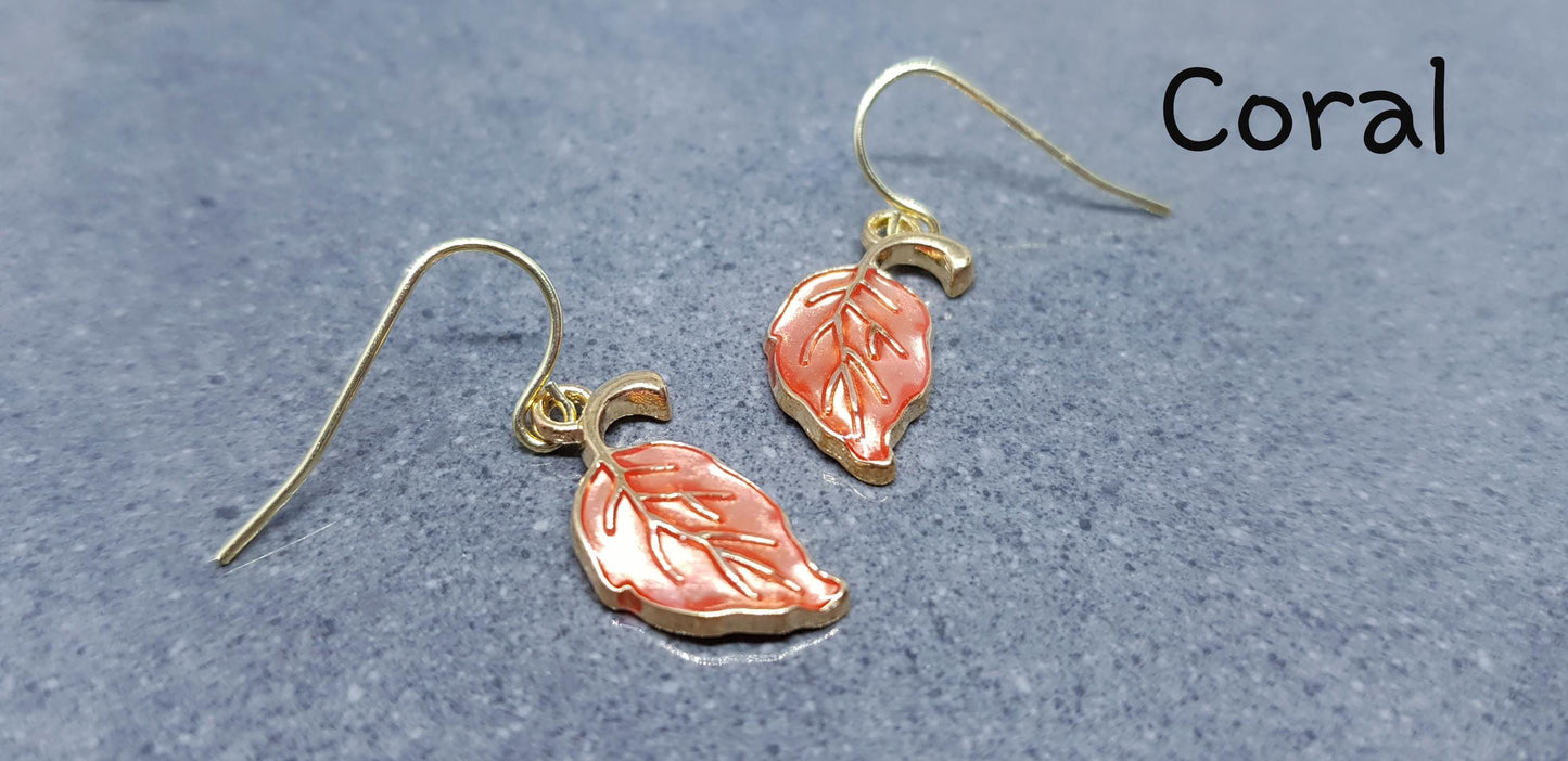 Leaf Earrings, Choice of Ear Wires, Autumn Leaves, Choice of Colours, Coral, Green, Golden, Gold Plated Jewellery